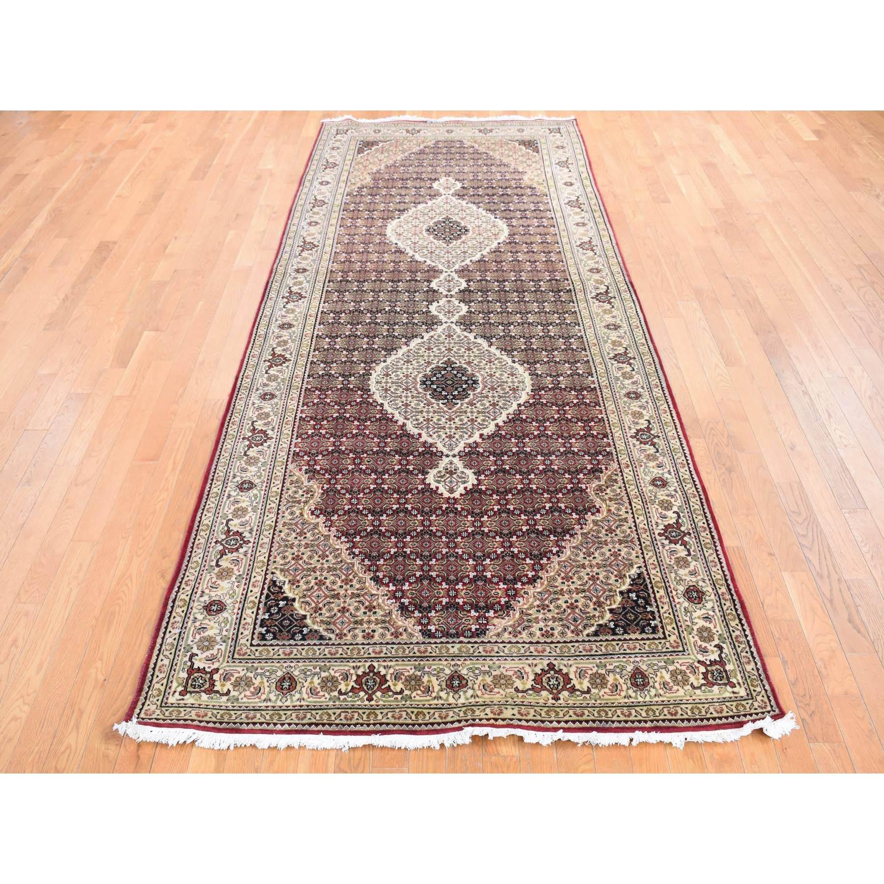 Burgundy Red, Tabriz Mahi, With Large Medallions, Pure Wool, Hand Knotted, Gallery Wide Runner, Oriental Rug
Primary materials: Wool
Latex: No Pile 
height: 0.25 Inches
Style: Traditional
Primary color: Red
Secondary colors: Green, Yellow, Cream