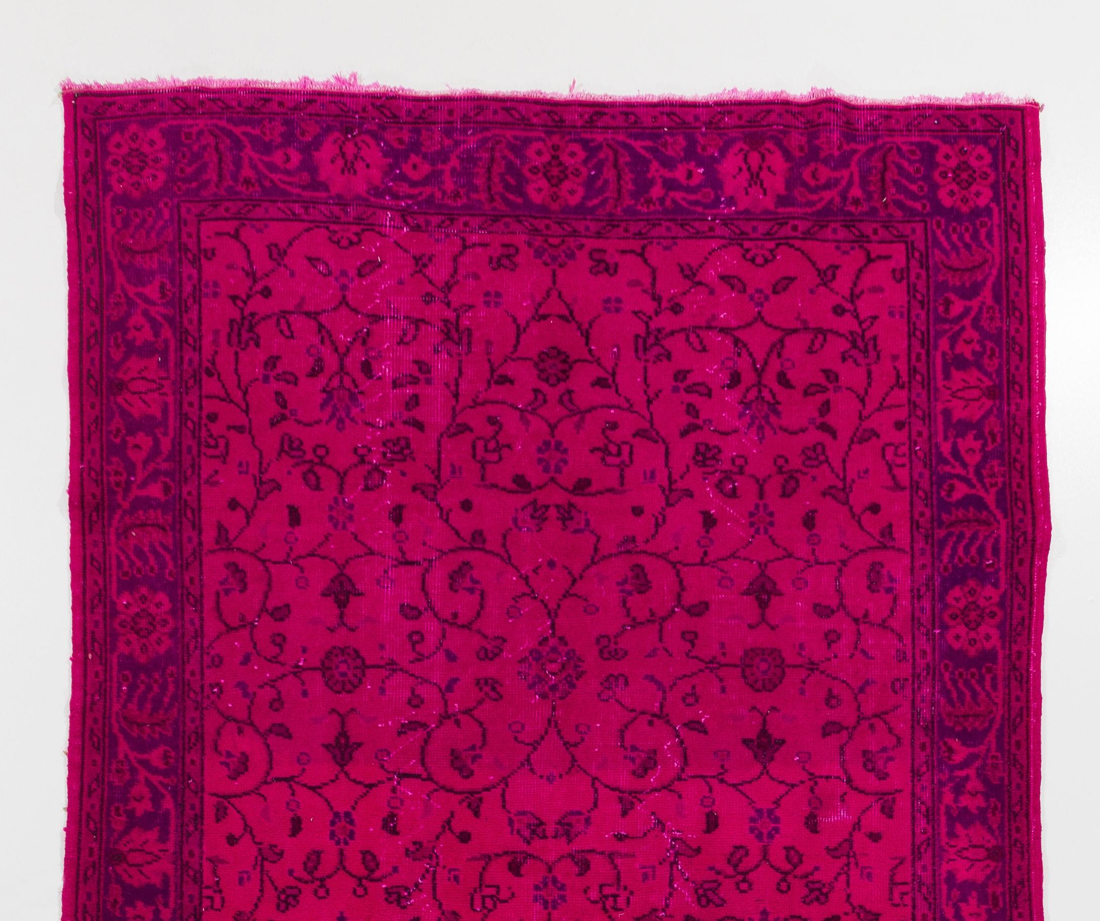 A vintage Turkish runner rug re-dyed in fuchsia pink color. Great for contemporary interiors.
Finely hand knotted, low wool pile on cotton foundation. Professionally washed.
Sturdy and can be used on a high traffic area, suitable for both