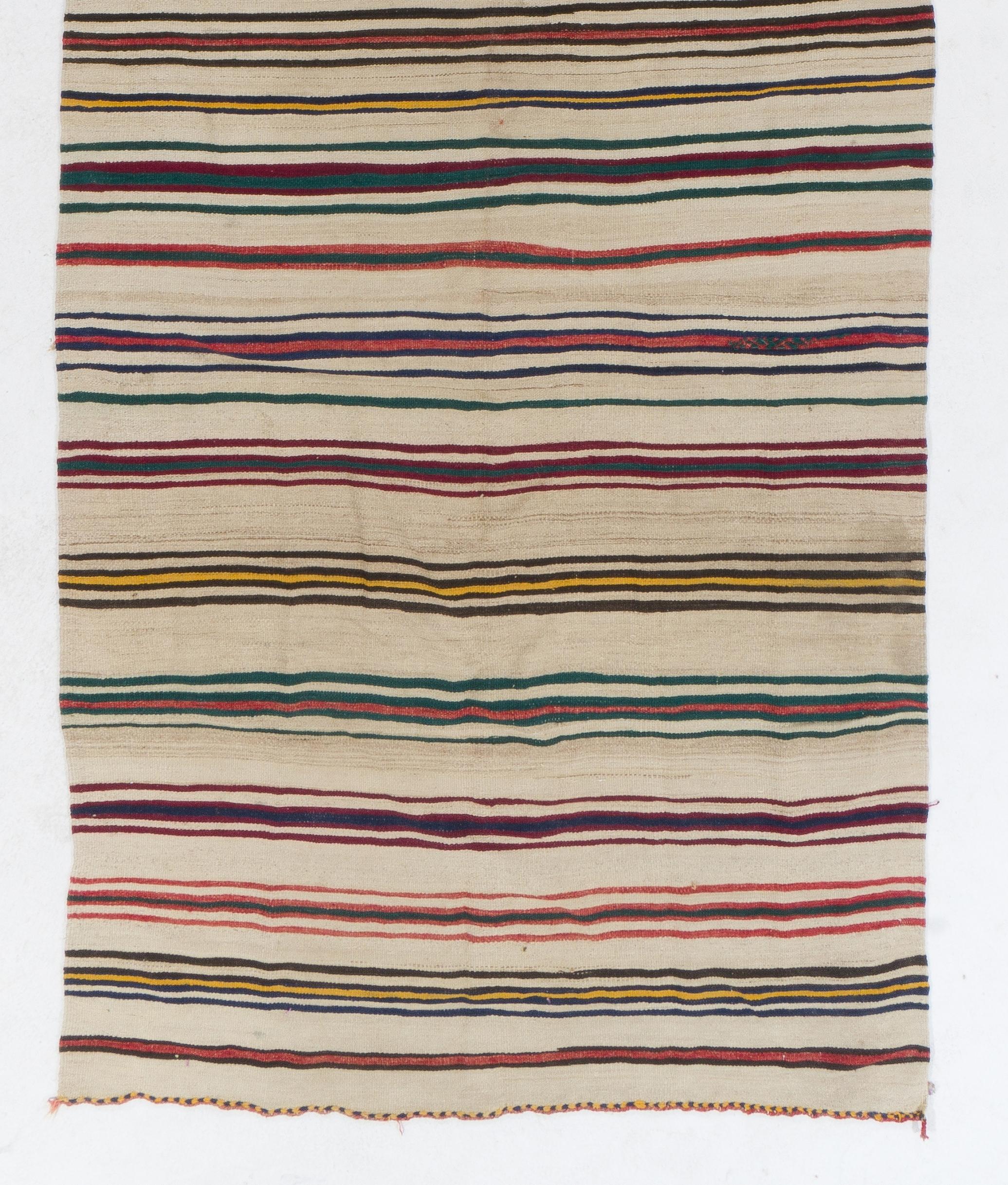 Turkish 5x13.3 Ft Handwoven Striped Vintage Runner Kilim, FlatWeave Wool Floor Covering For Sale