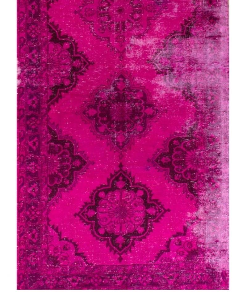 Modern Vintage Handmade Turkish Wool Runner Rug in Hot Pink for Hallway Decor For Sale