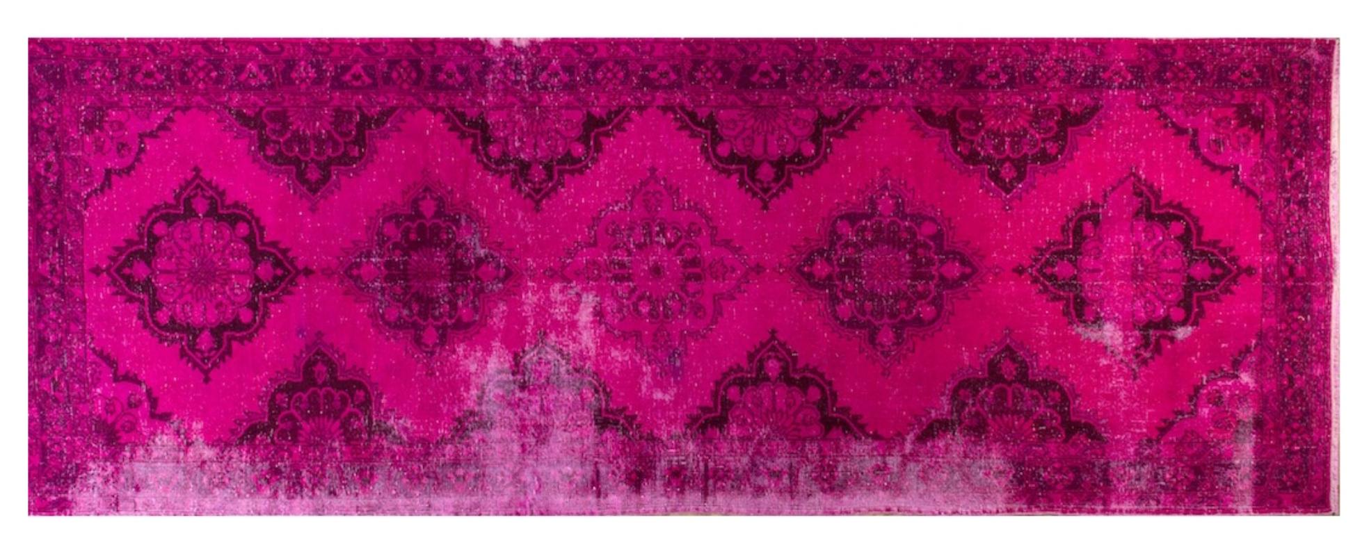 Hand-Knotted Vintage Handmade Turkish Wool Runner Rug in Hot Pink for Hallway Decor For Sale