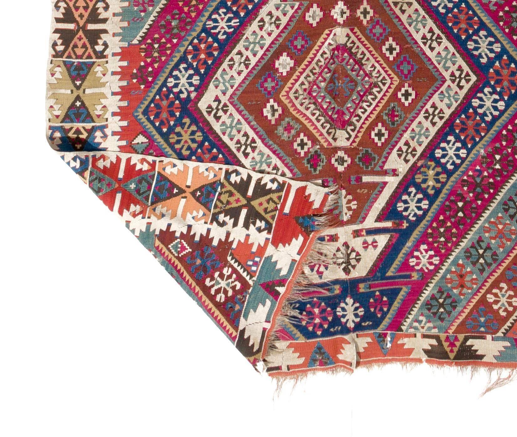 Hand-Woven 5x13.5 Ft Rare Antique Turkish Flat-Weave Kilim Rug, Ca 1875 For Sale