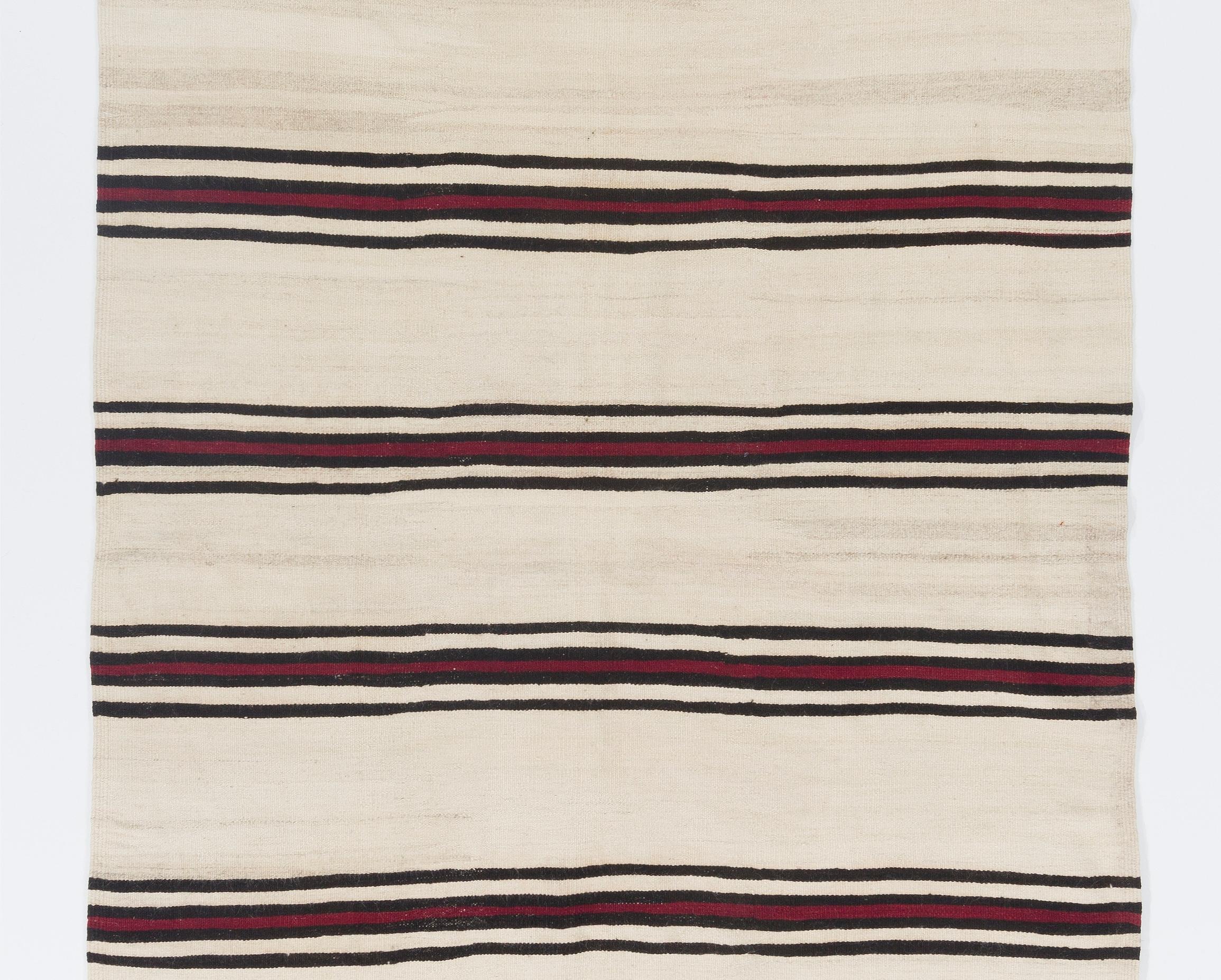 Turkish 5x13.7 Ft Hand-Woven Kilim Runner, 100% Natural Wool, Striped Flat-Weave Rug For Sale