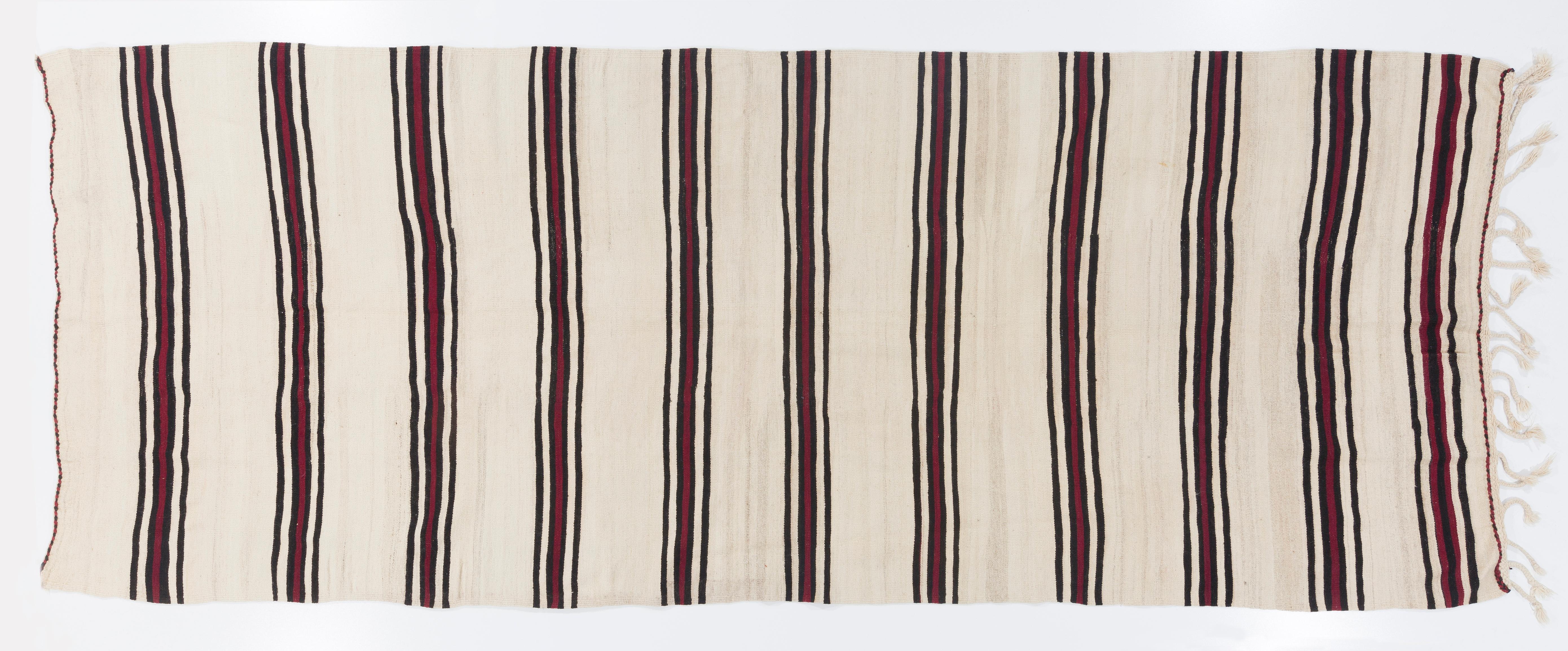 20th Century 5x13.7 Ft Hand-Woven Kilim Runner, 100% Natural Wool, Striped Flat-Weave Rug For Sale