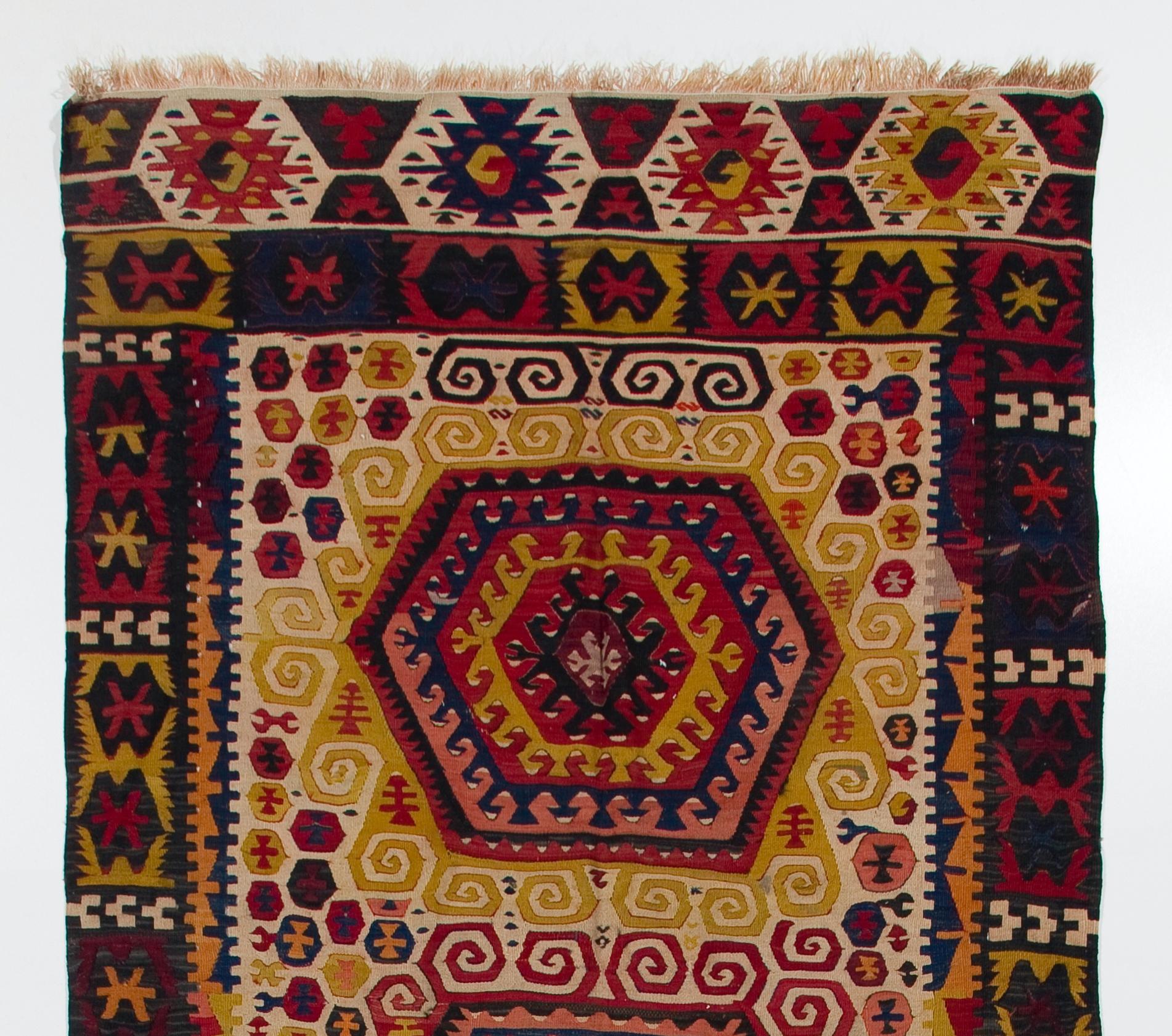 Turkish 5x14 Ft Antique Handmade Anatolian Konya Kilim, Flat-Weave Rug. Ca 1915 For Sale