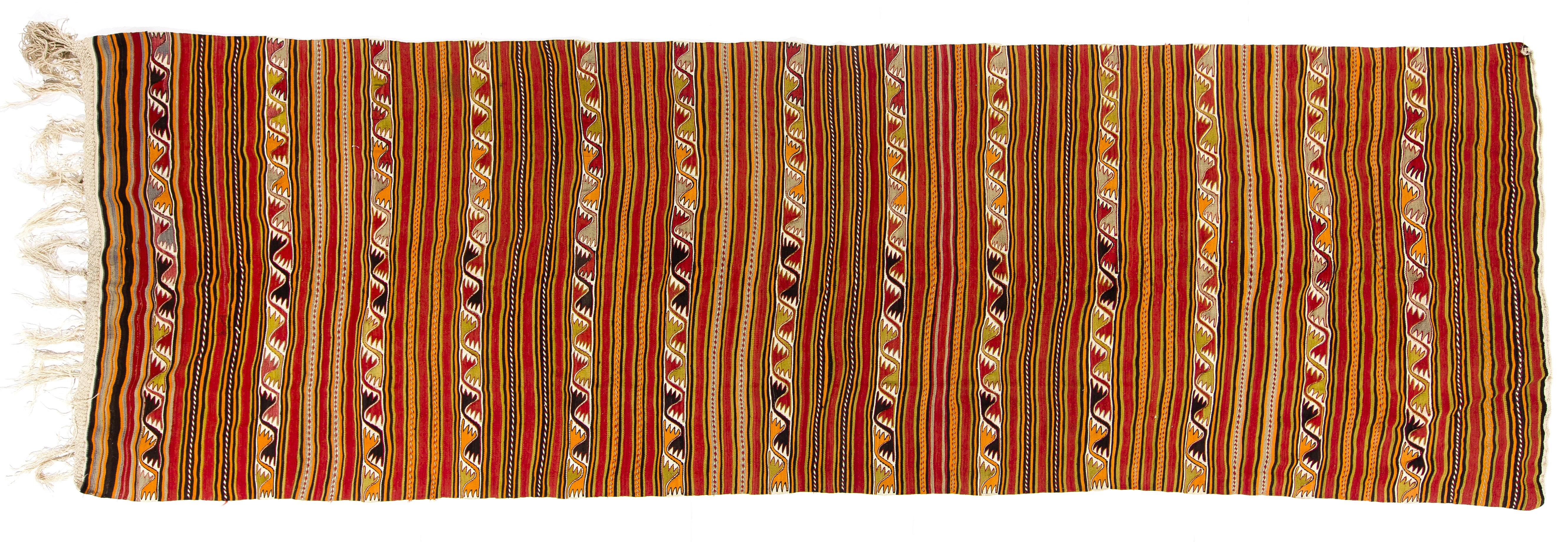 20th Century 5x15.5 Ft Colorful Vintage Striped Turkish Runner Kilim 'Flat Weave', 100% Wool For Sale