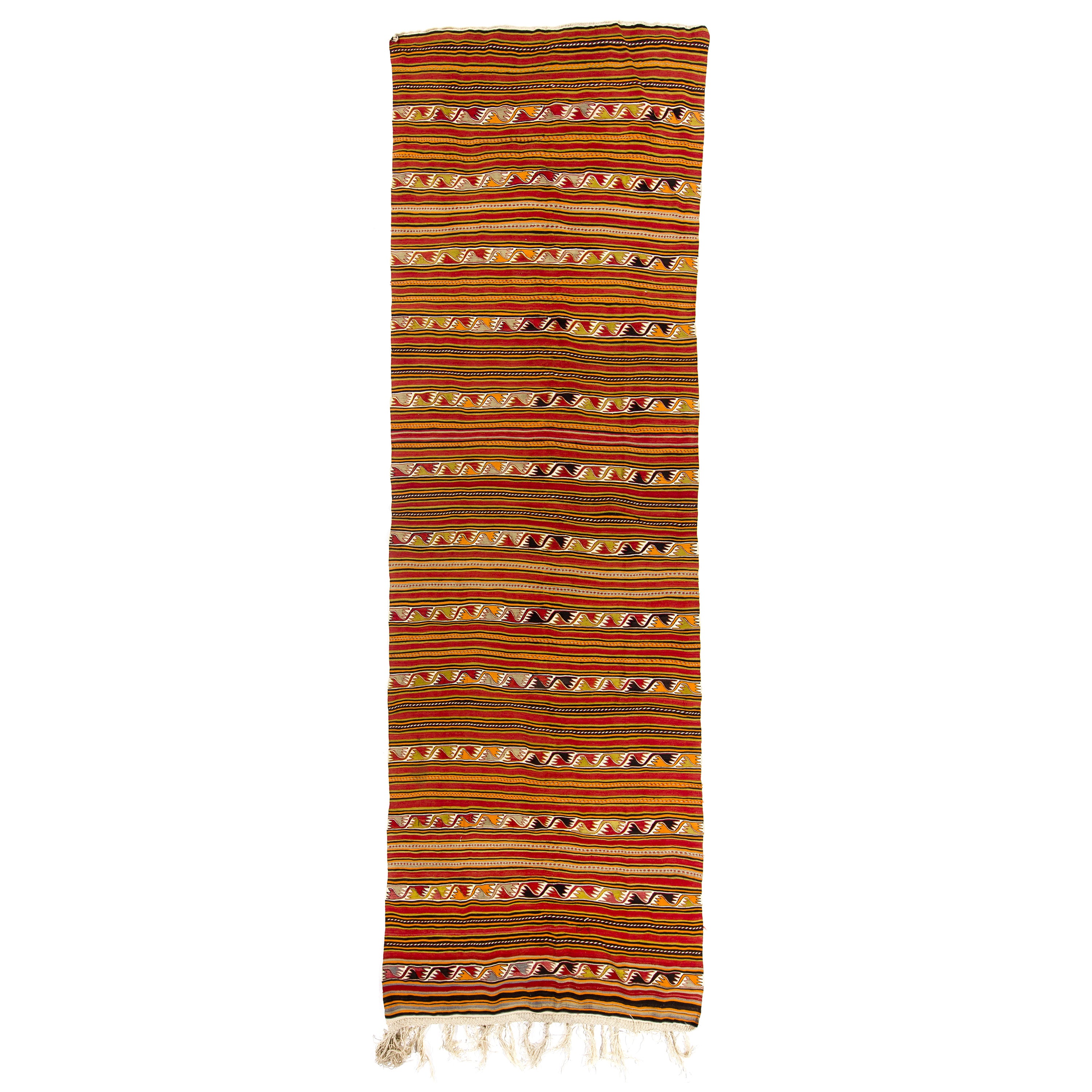 5x15.5 Ft Bunt gestreifter türkischer Vintage-Läufer „Flat Weave“ aus 100 % Wolle im Angebot