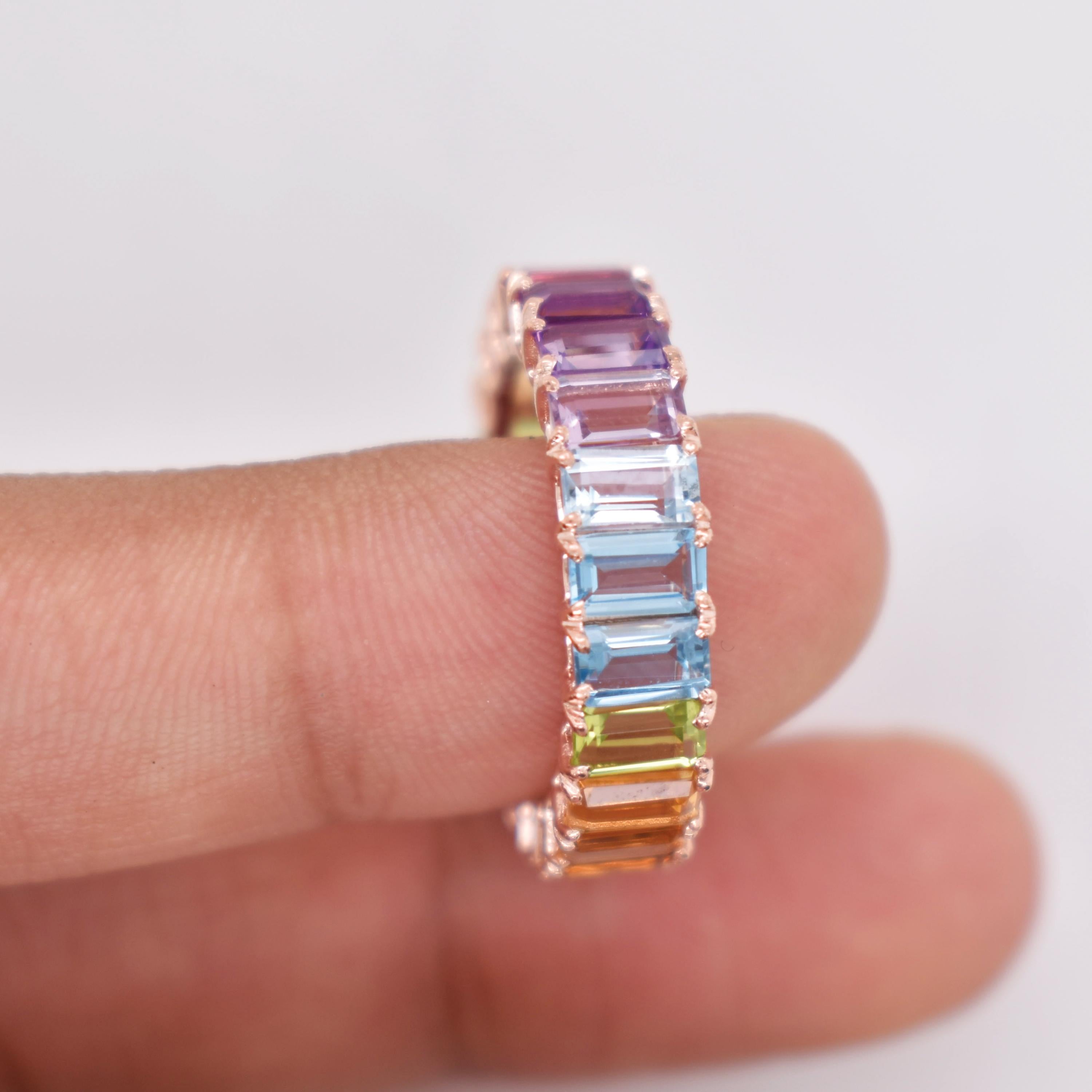 En vente :  5x3 MM Octogone Multicolore Arc-en-ciel Pierres Gemmes Naturelles Bague d'Eternité Or Jaune 10