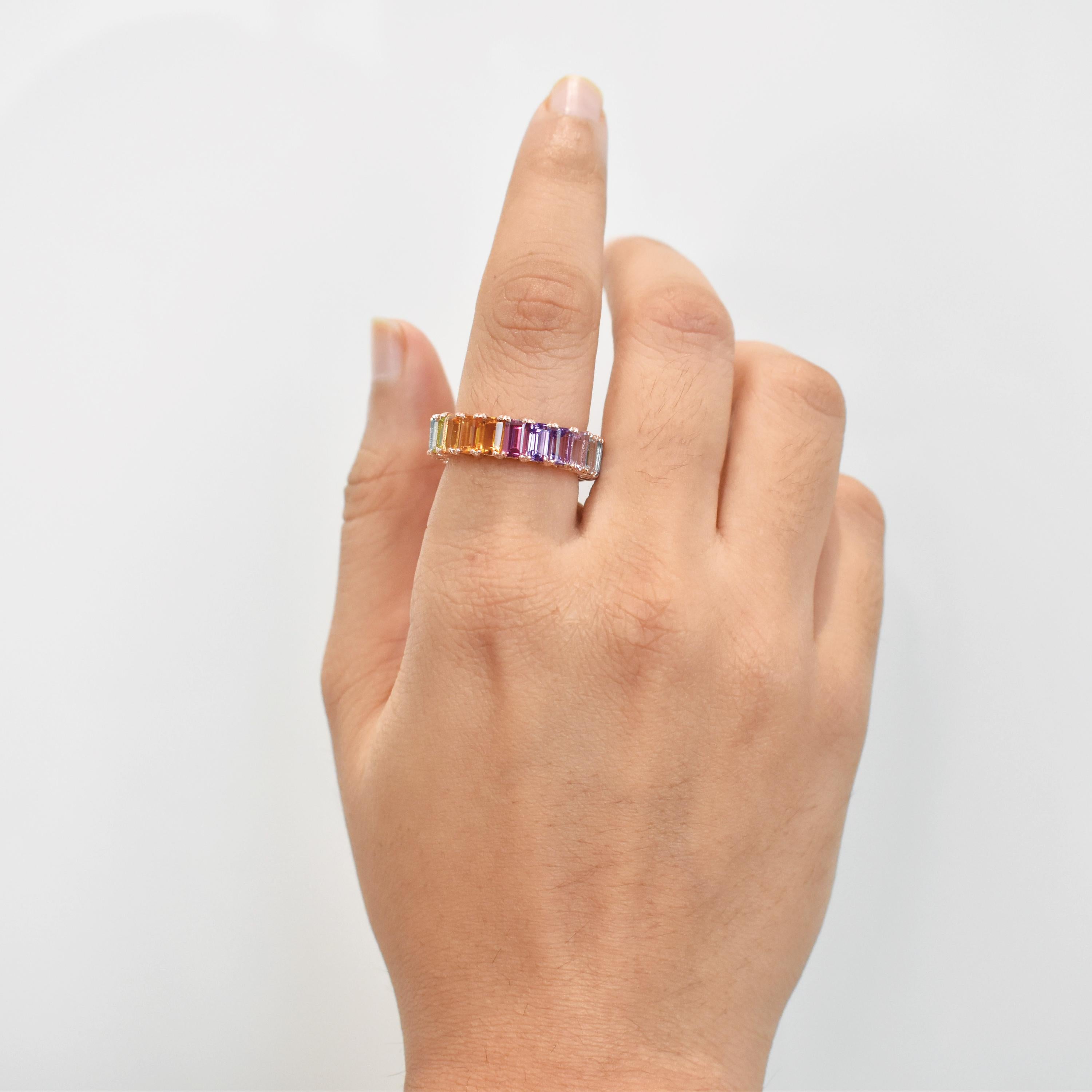 En vente :  5x3 MM Octogone Multicolore Arc-en-ciel Pierres Gemmes Naturelles Bague d'Eternité Or Jaune 12