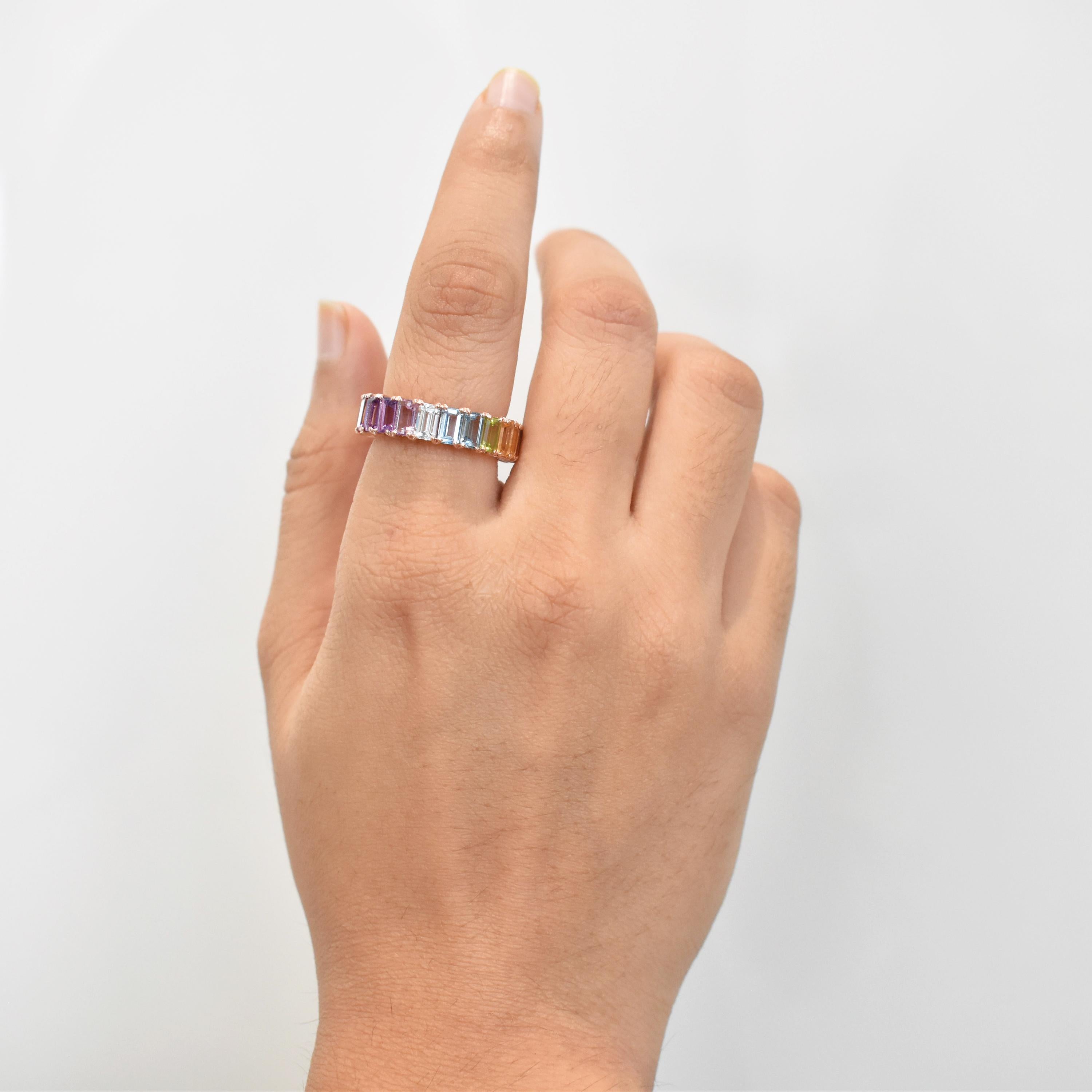 En vente :  5x3 MM Octogone Multicolore Arc-en-ciel Pierres Gemmes Naturelles Bague d'Eternité Or Jaune 13