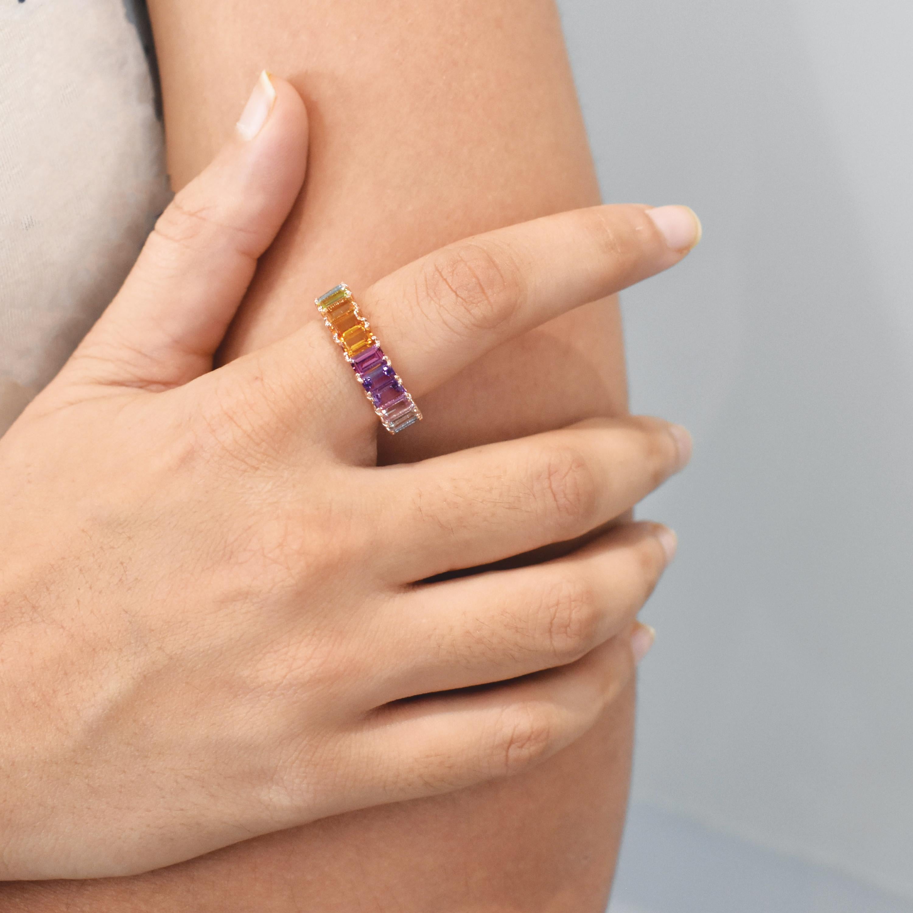 En vente :  5x3 MM Octogone Multicolore Arc-en-ciel Pierres Gemmes Naturelles Bague d'Eternité Or Jaune 14