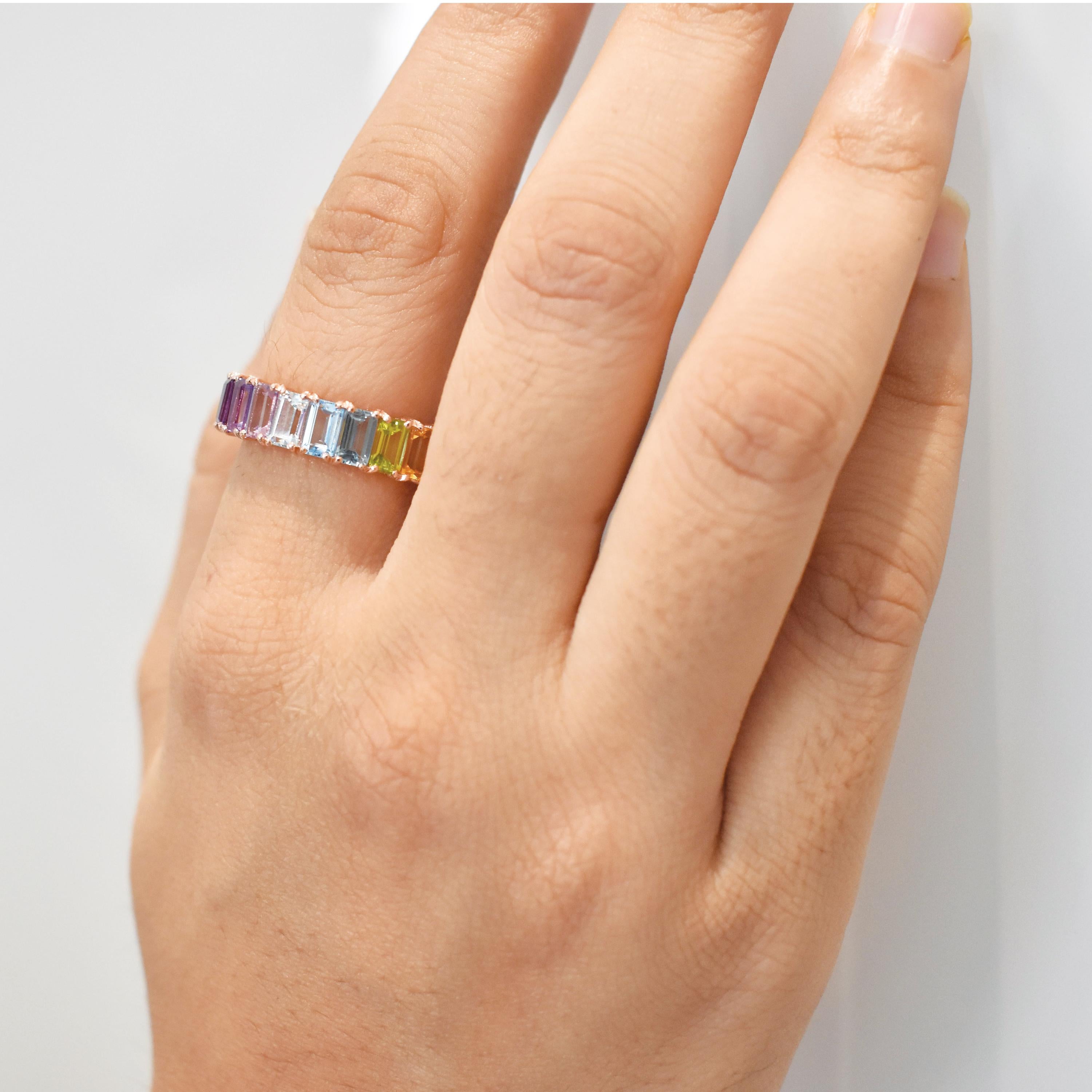 En vente :  5x3 MM Octogone Multicolore Arc-en-ciel Pierres Gemmes Naturelles Bague d'Eternité Or Jaune 16