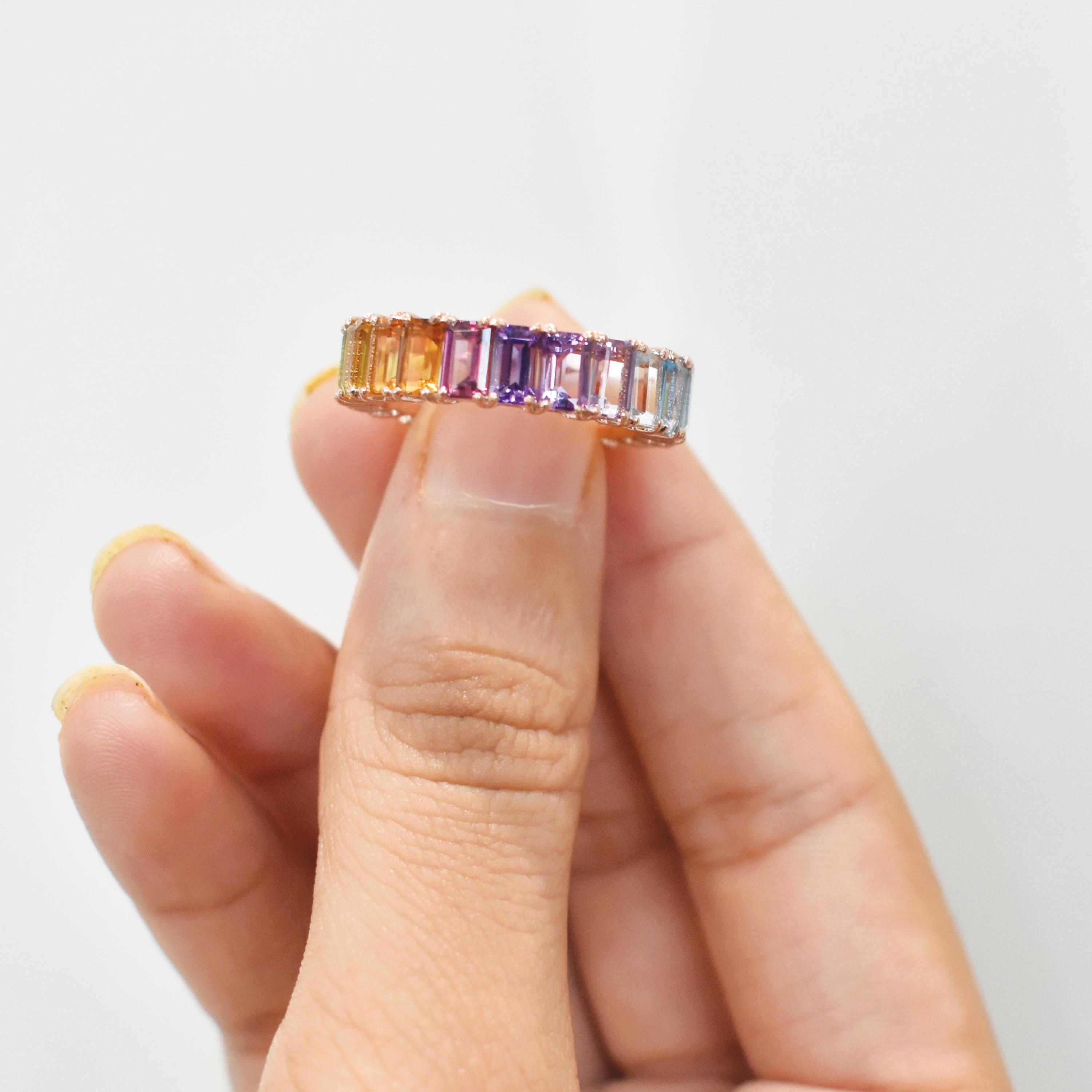 En vente :  5x3 MM Octogone Multicolore Arc-en-ciel Pierres Gemmes Naturelles Bague d'Eternité Or Jaune 17