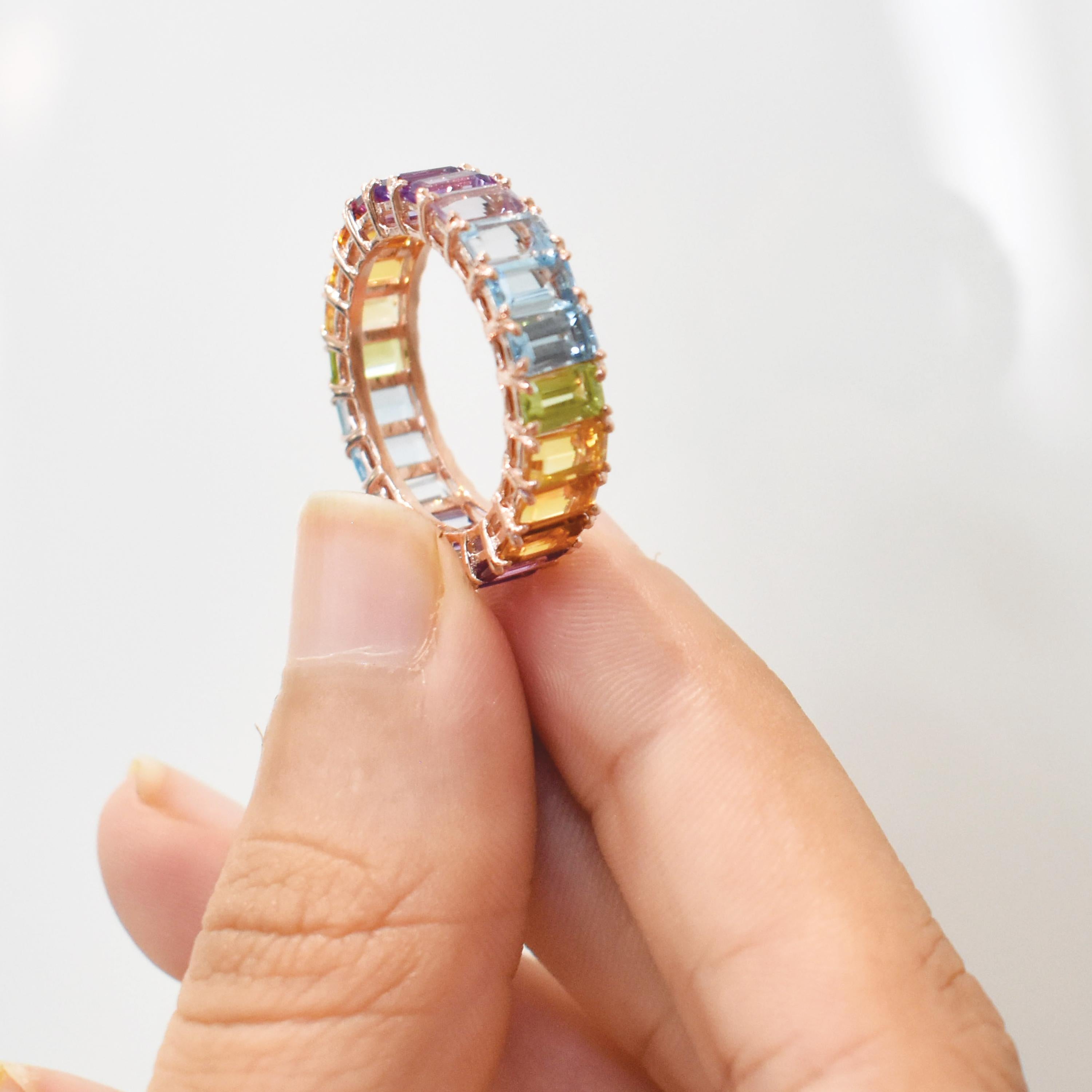 En vente :  5x3 MM Octogone Multicolore Arc-en-ciel Pierres Gemmes Naturelles Bague d'Eternité Or Jaune 18
