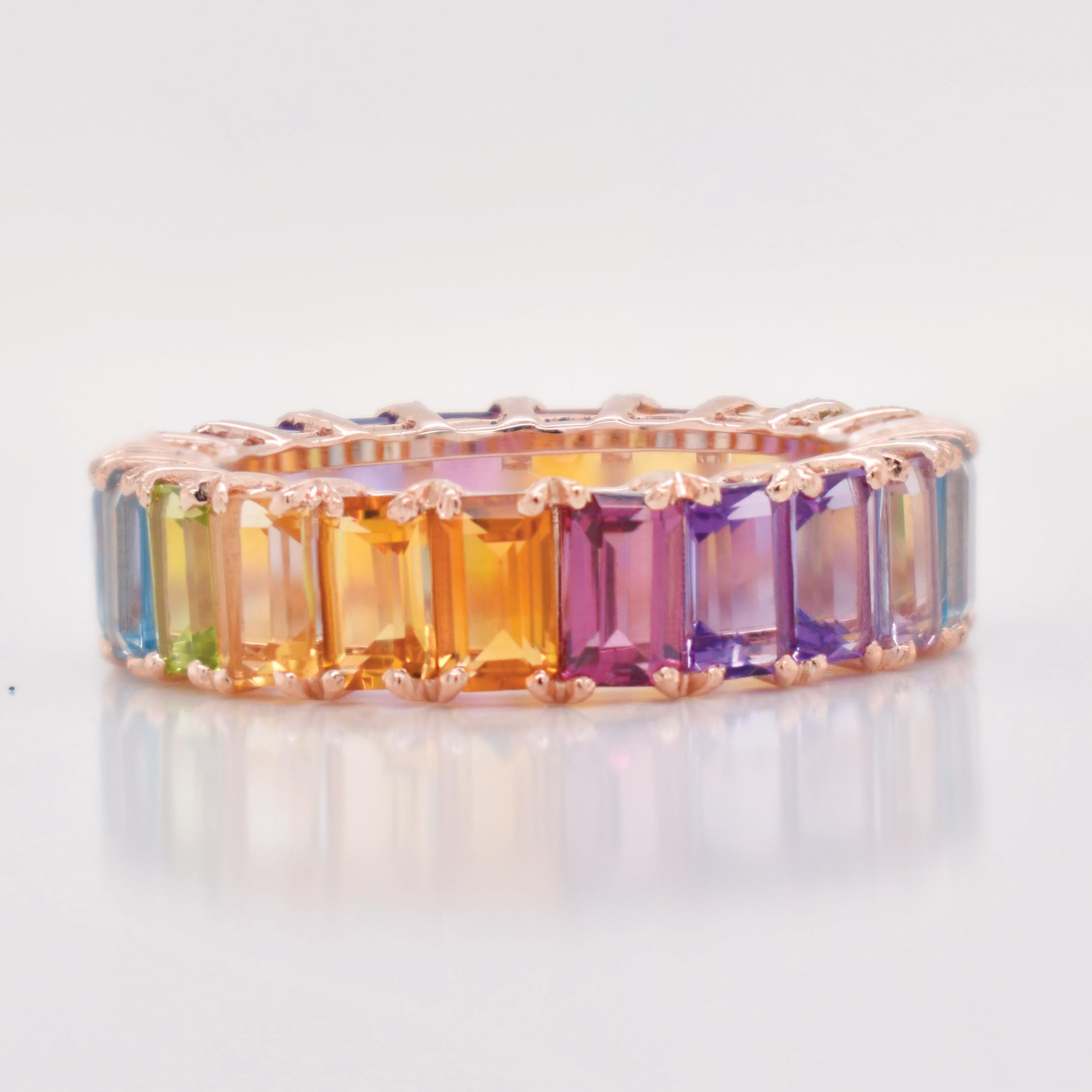En vente :  5x3 MM Octogone Multicolore Arc-en-ciel Pierres Gemmes Naturelles Bague d'Eternité Or Jaune 2