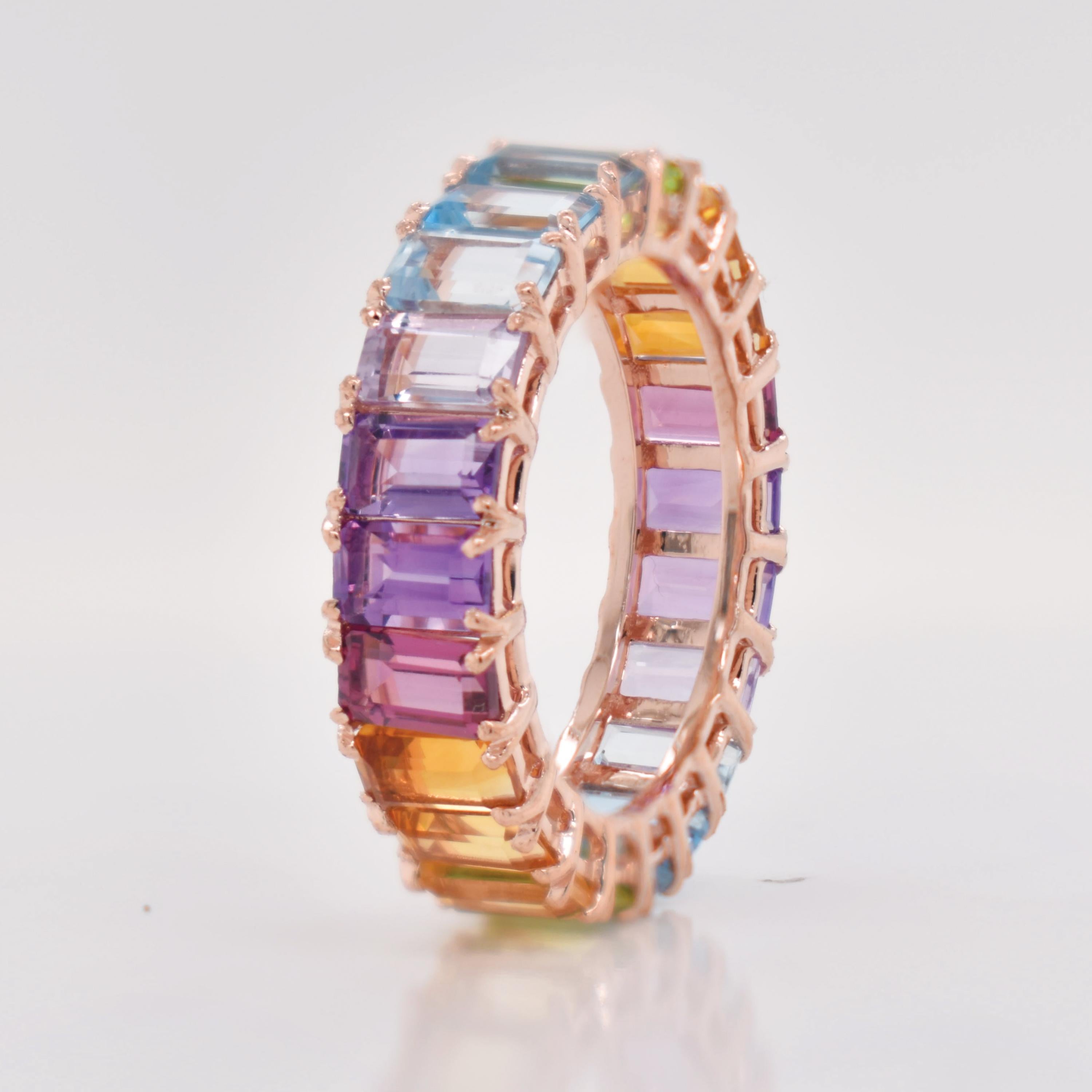 En vente :  5x3 MM Octogone Multicolore Arc-en-ciel Pierres Gemmes Naturelles Bague d'Eternité Or Jaune 3