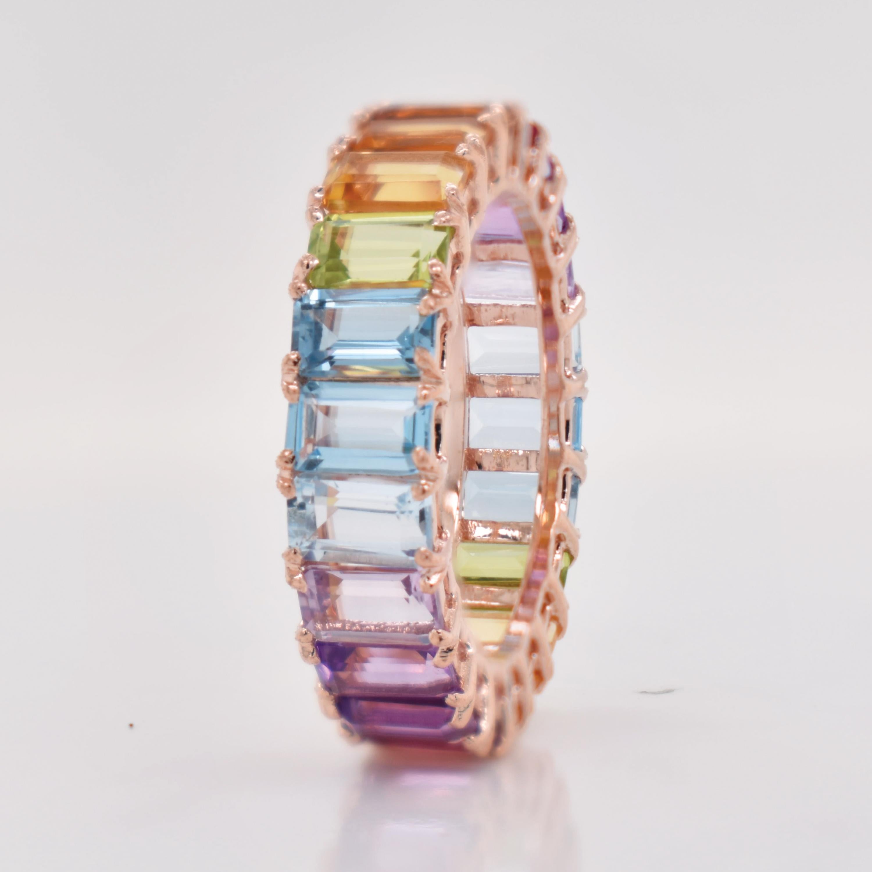 En vente :  5x3 MM Octogone Multicolore Arc-en-ciel Pierres Gemmes Naturelles Bague d'Eternité Or Jaune 4