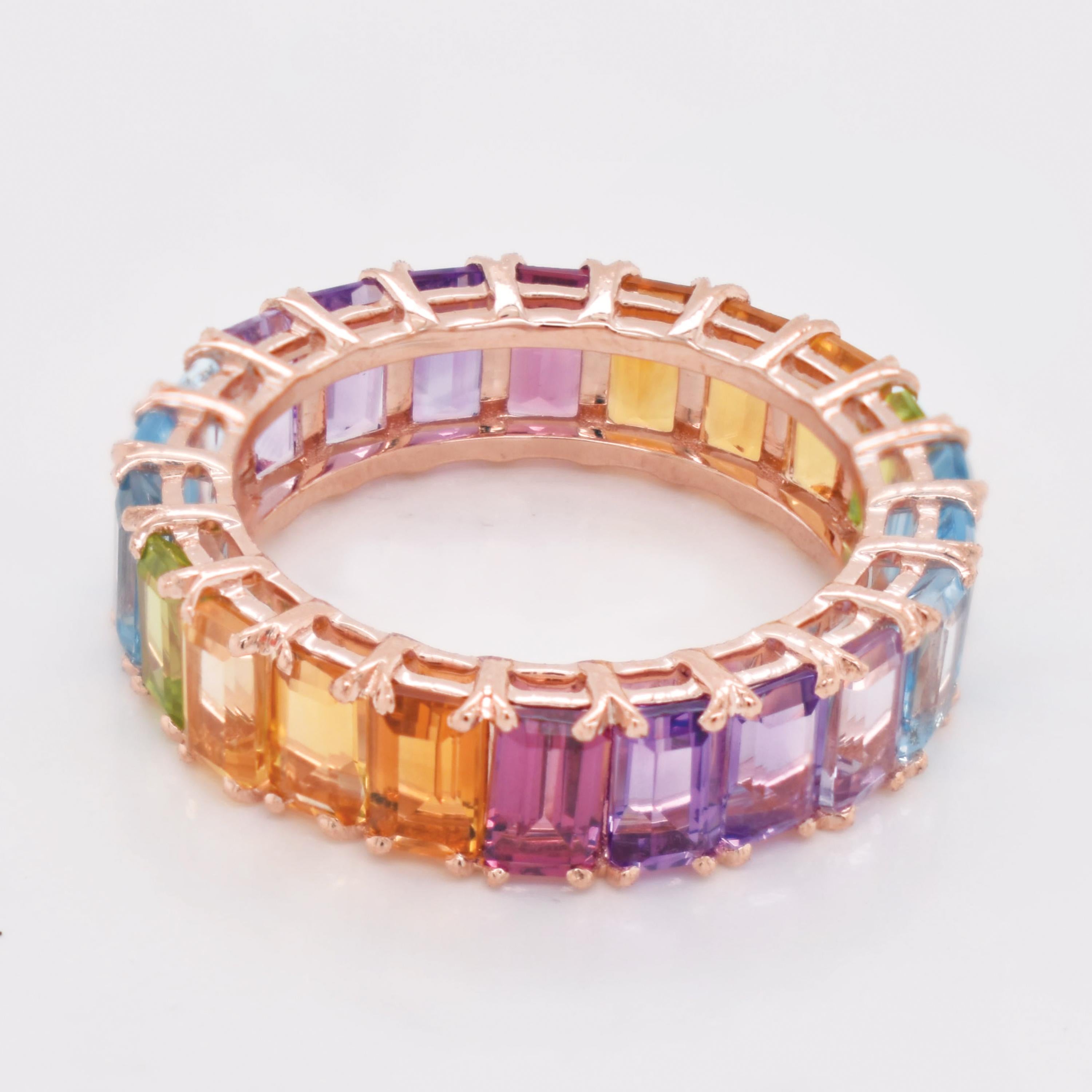 En vente :  5x3 MM Octogone Multicolore Arc-en-ciel Pierres Gemmes Naturelles Bague d'Eternité Or Jaune 7