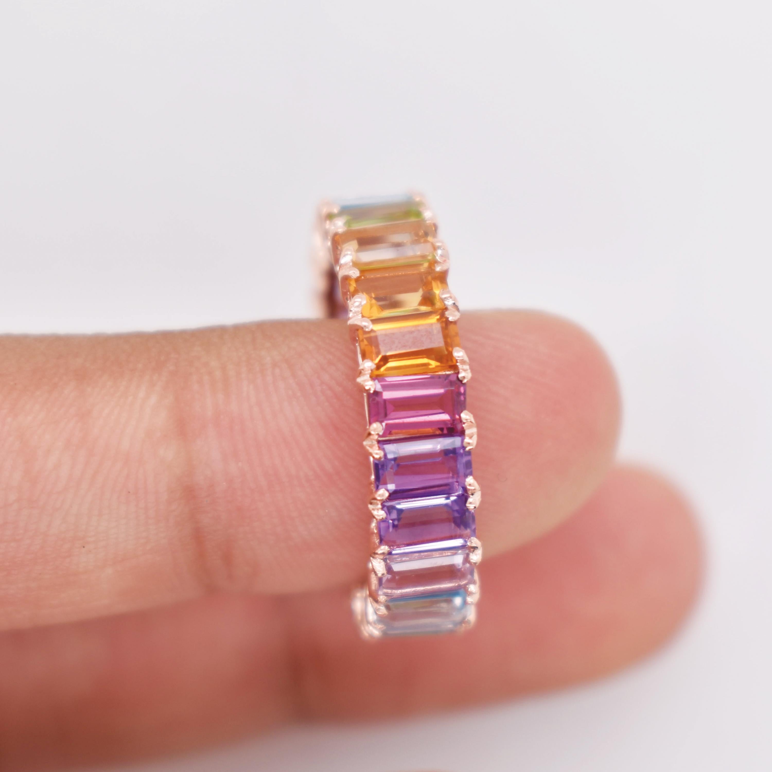 En vente :  5x3 MM Octogone Multicolore Arc-en-ciel Pierres Gemmes Naturelles Bague d'Eternité Or Jaune 8