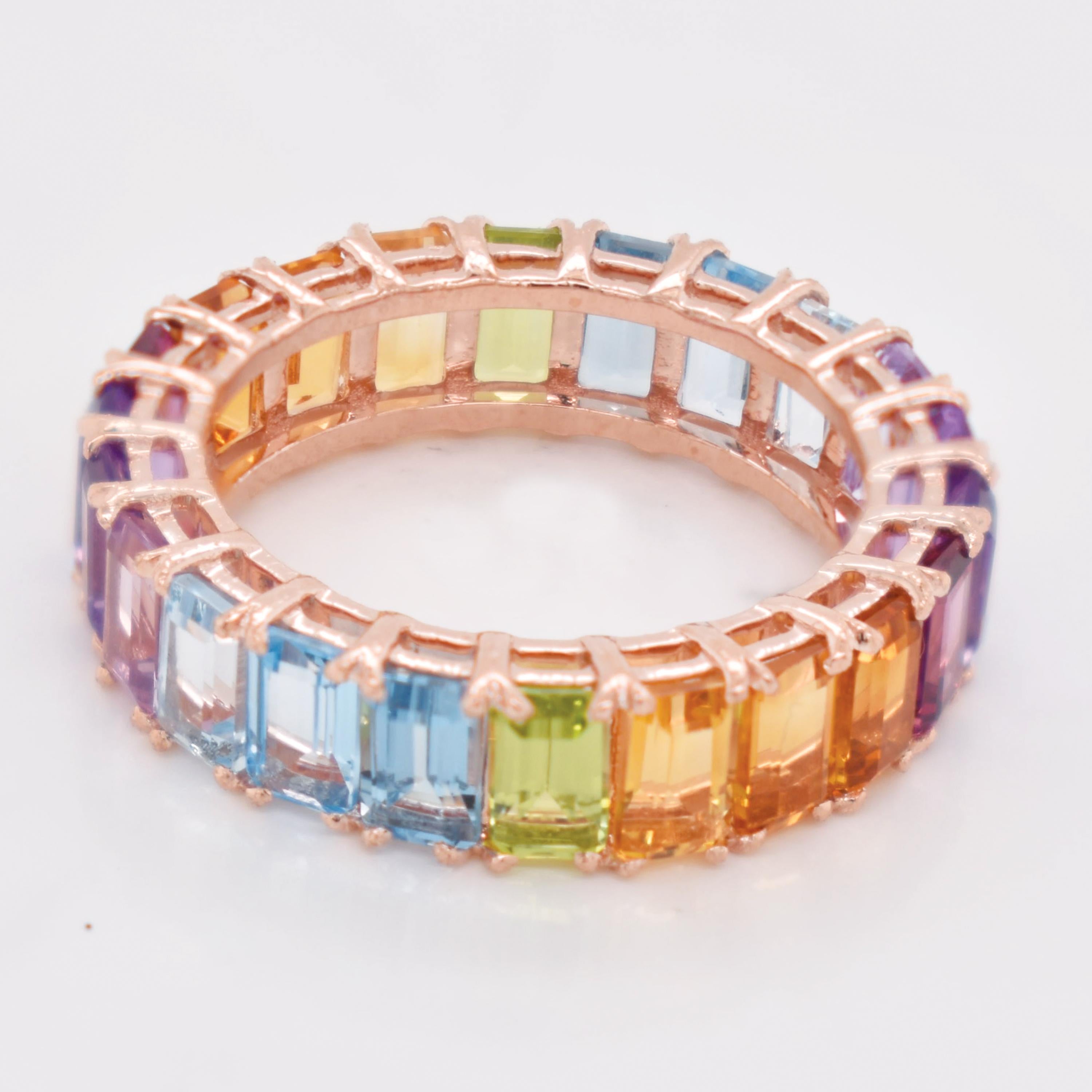 En vente :  5x3 MM Octogone Multicolore Arc-en-ciel Pierres Gemmes Naturelles Bague d'Eternité Or Jaune 9