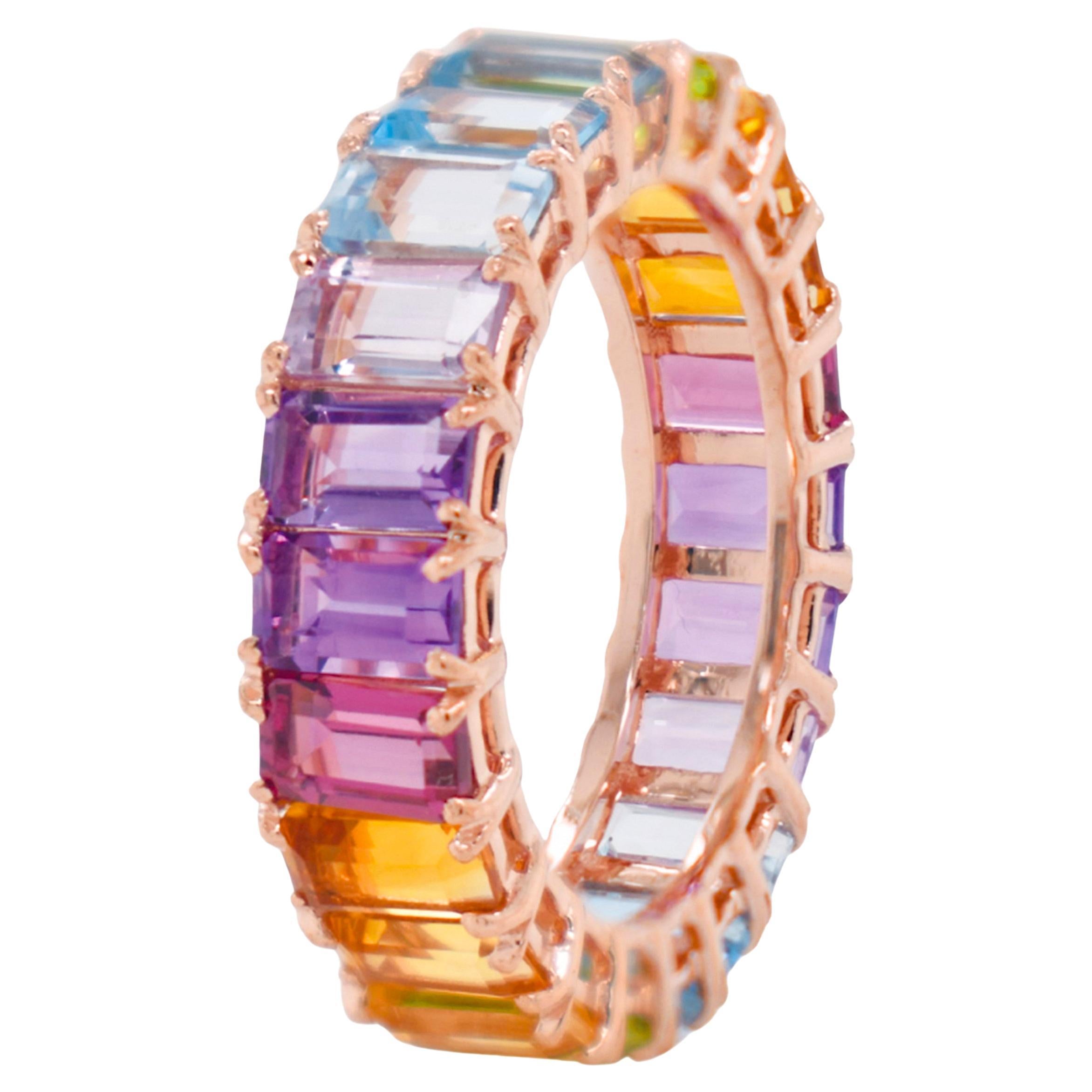 5x3 MM Octogone Multicolore Arc-en-ciel Pierres Gemmes Naturelles Bague d'Eternité Or Jaune