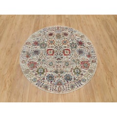 5'x5' Arcadia White Tabriz Vase Design Hand Knotted Round Silk and Wool Rug