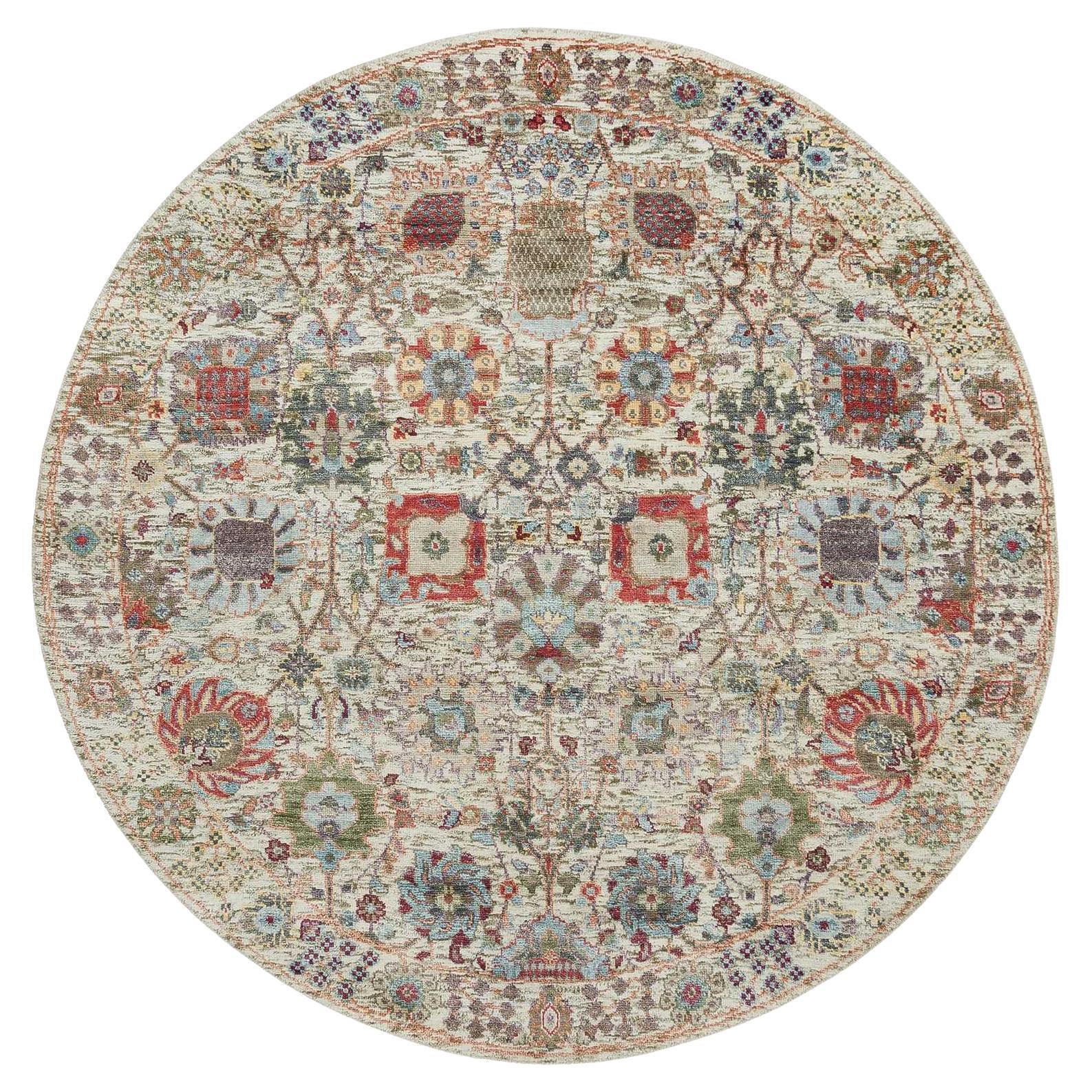 5'x5' Arcadia White Tabriz Vase Design Tappeto rotondo in seta e lana annodato a mano