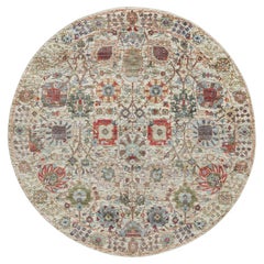 Alfombra redonda de seda y lana anudada a mano con diseño de jarrón Tabriz blanco Arcadia de 5 x 5 pies