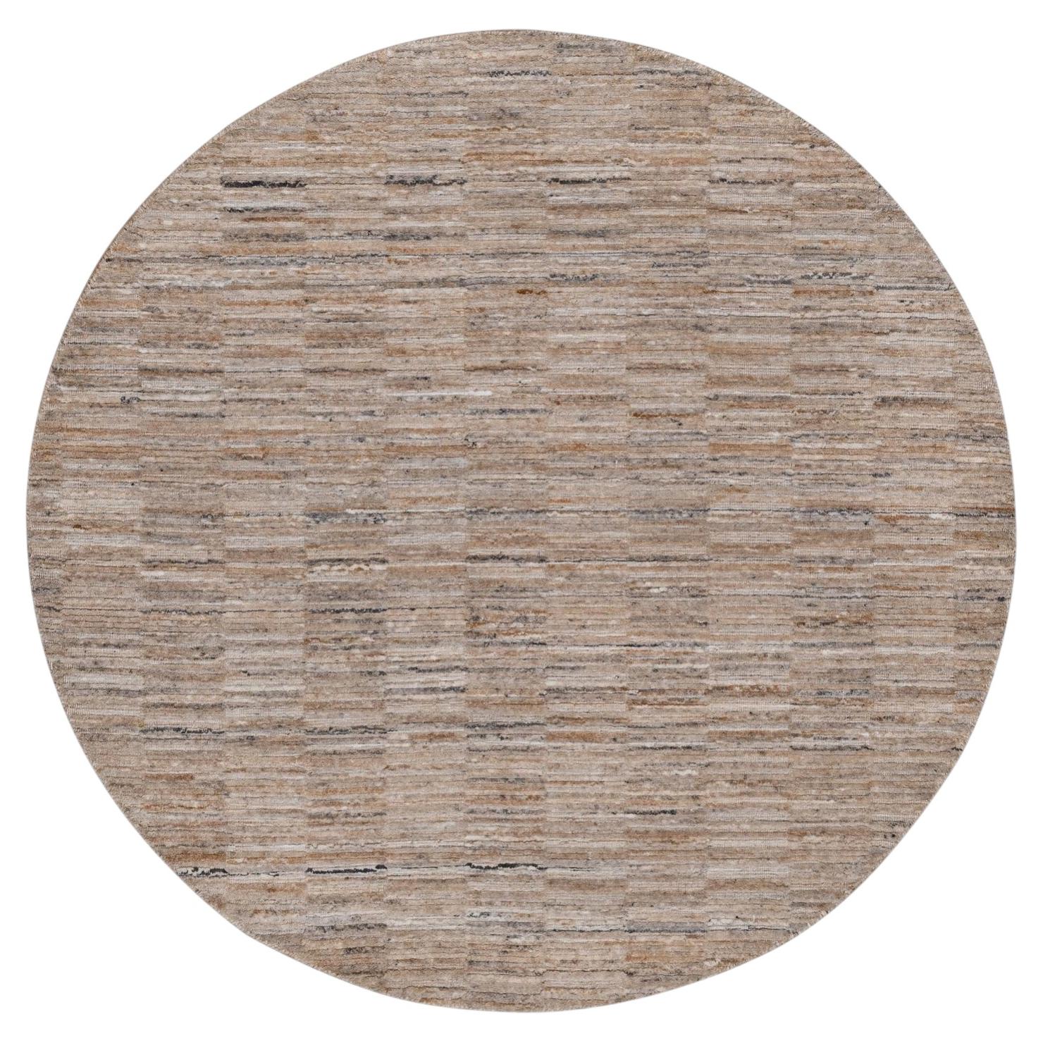 5'x5' Beaver Brown Hand Loomed Modern Grid Pattern Polyester Round Rug For Sale