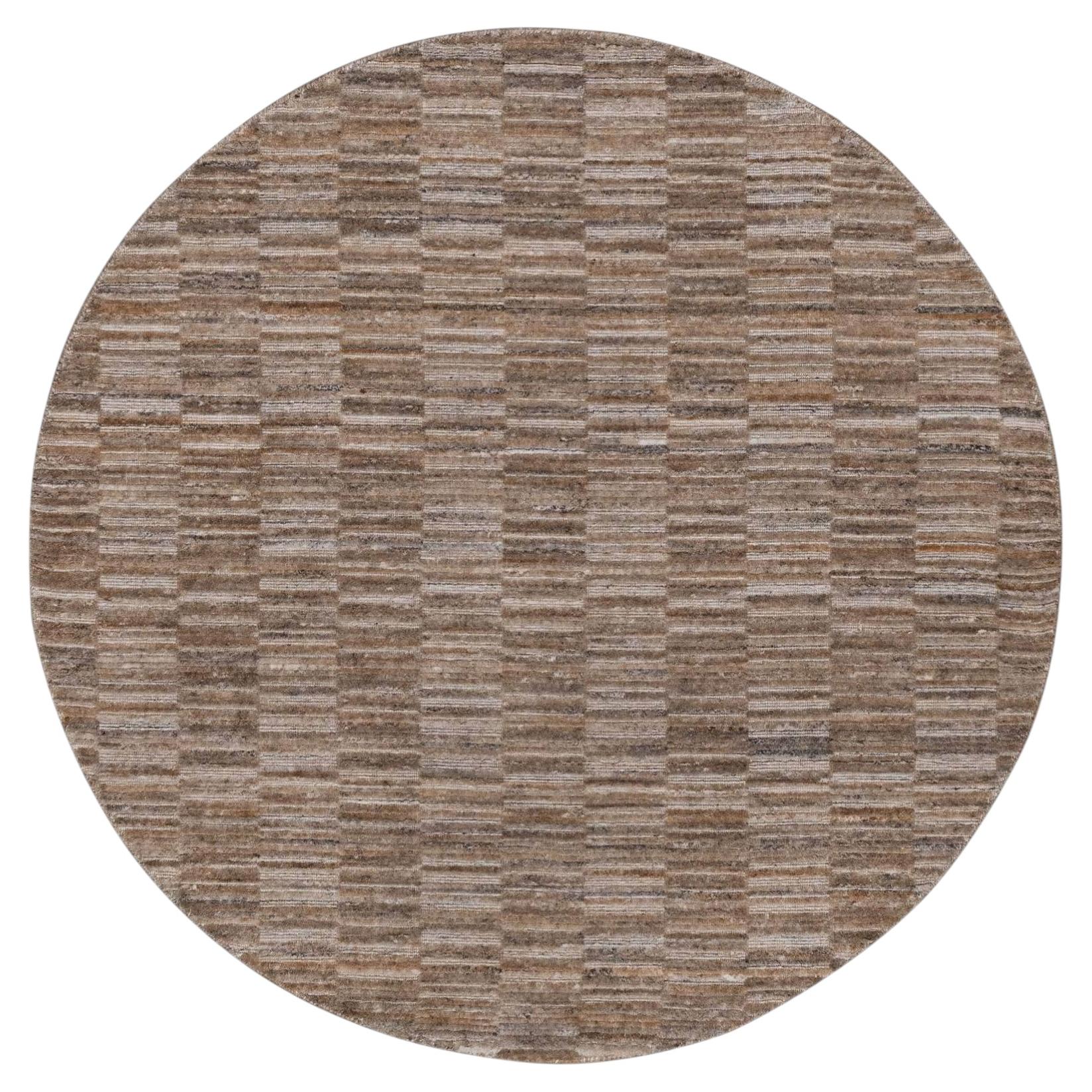 5'x5' Beaver Brown Hand Loomed Modern Grid Pattern Polyester Round Rug For Sale
