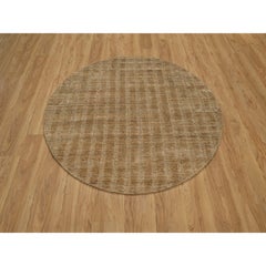 5'x5' Camel Brown Hand Loomed Natural Wool Vertical Stripes Design Round Rug