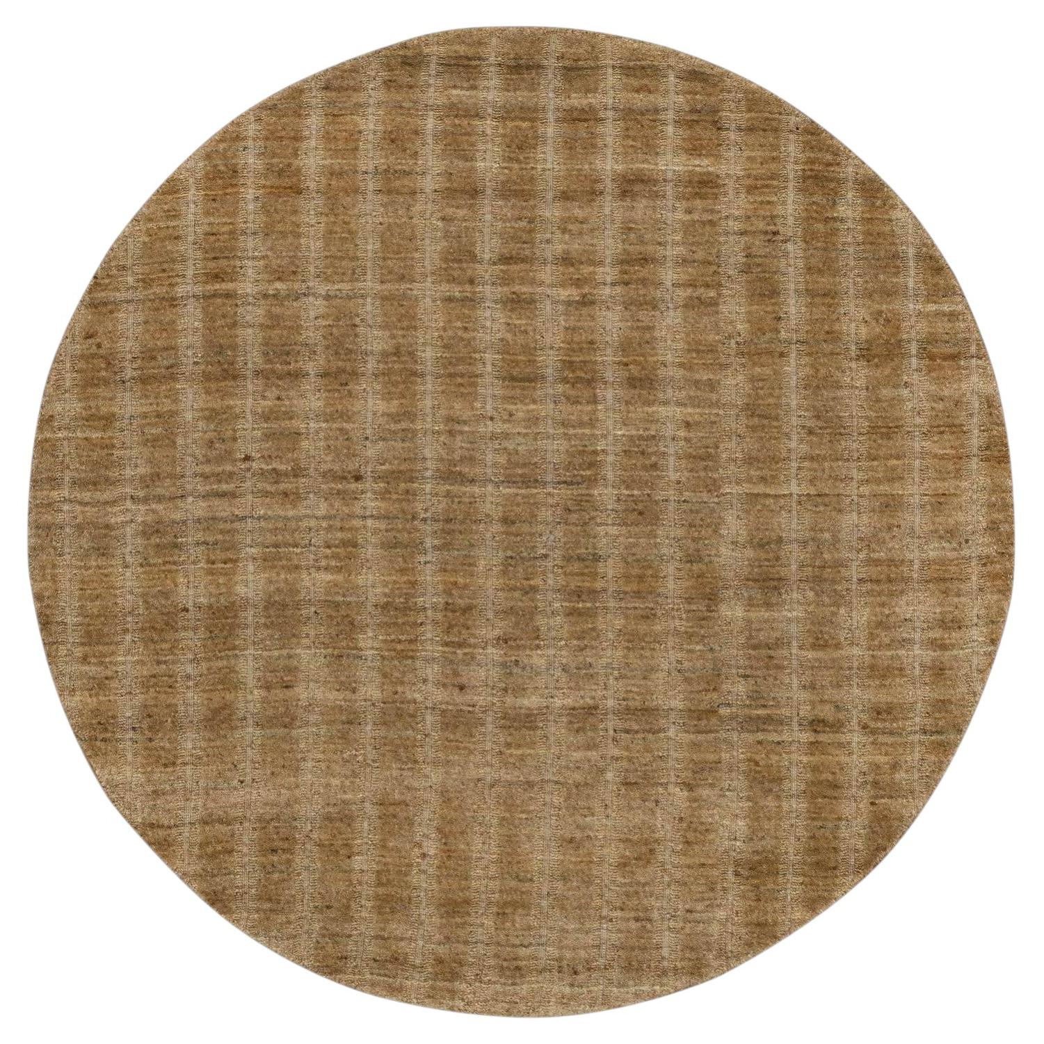 5'x5' Camel Brown Hand Loomed Natural Wool Vertical Stripes Design Round Rug