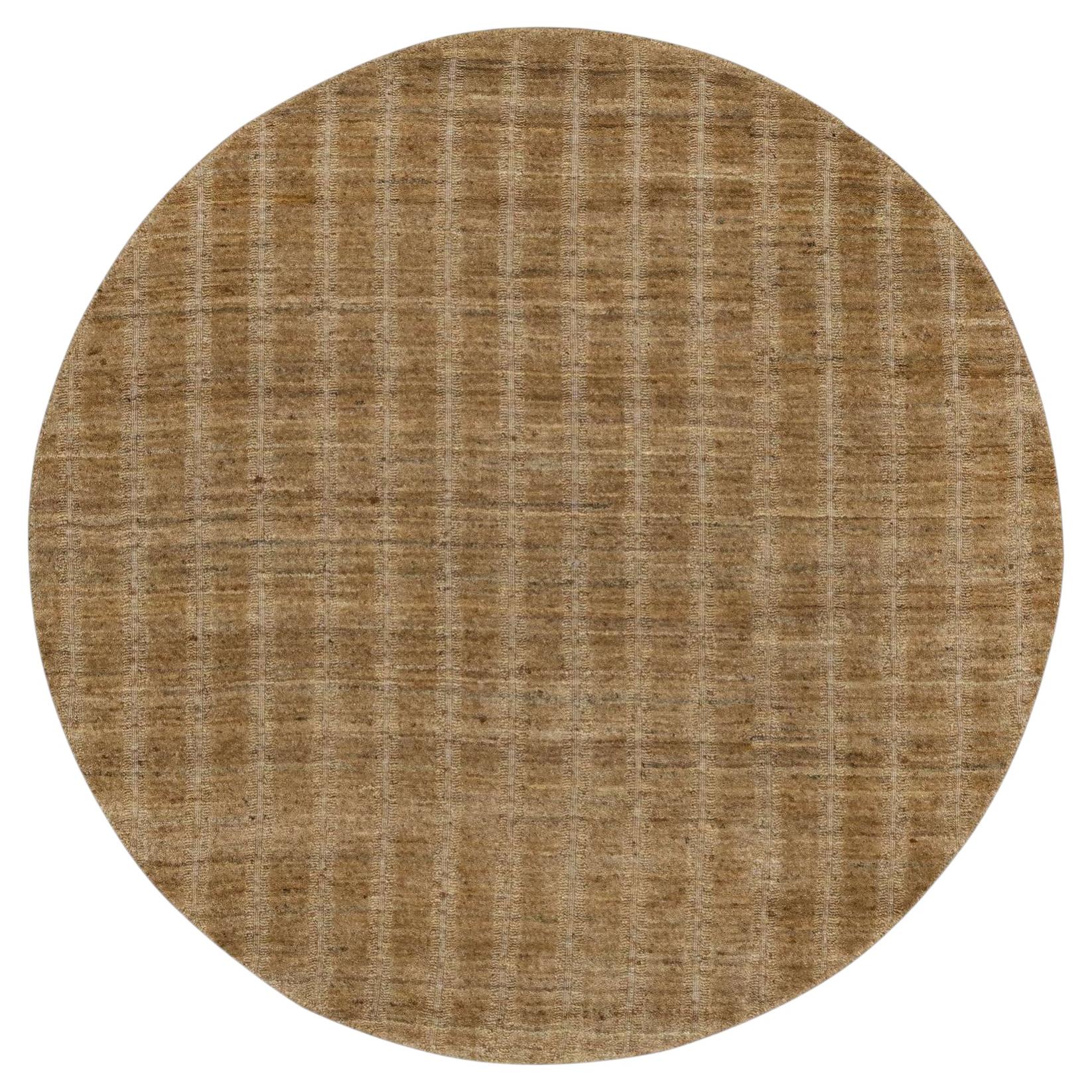 5'x5' Camel Brown Undyed Wool Vertical Stripes Design Hand Loomed Round Rug
