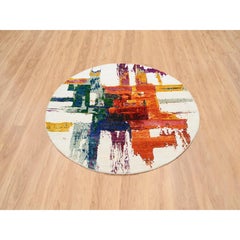 5'x5' Colorful Modern Abstract Motifs Wool and Silk Hand Knotted Round Rug