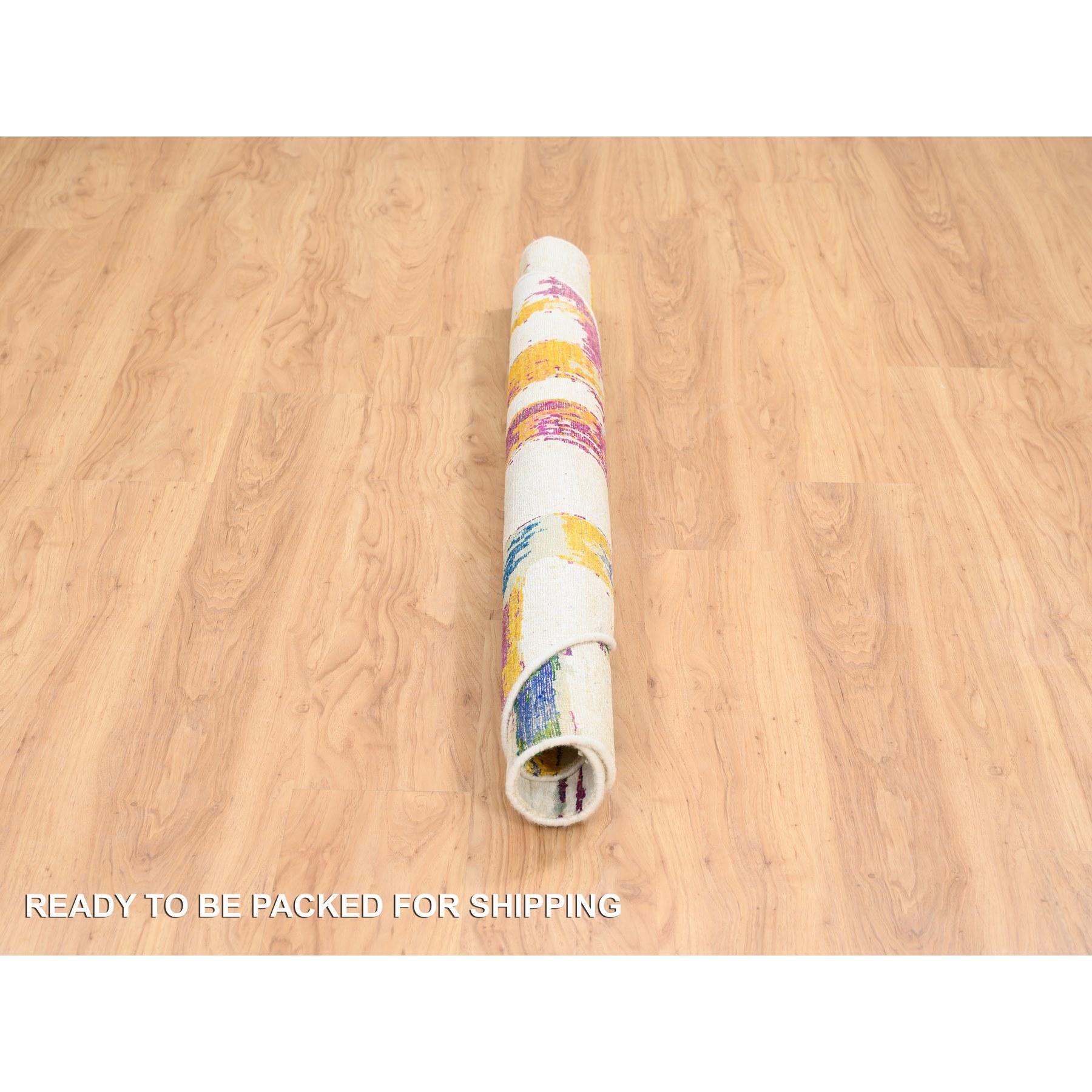 Contemporary 5'x5' Colorful Modern Abstract Motifs Wool and Silk Hand Knotted Round Rug For Sale