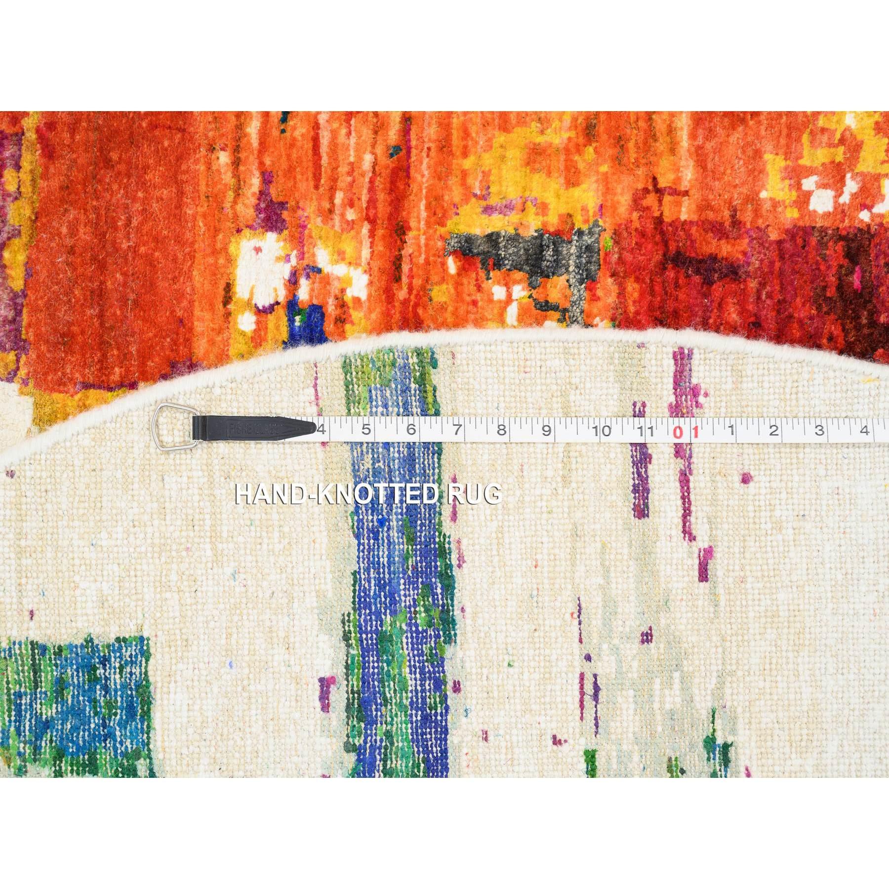 5'x5' Colorful Modern Abstract Motifs Wool and Silk Hand Knotted Round Rug For Sale 2