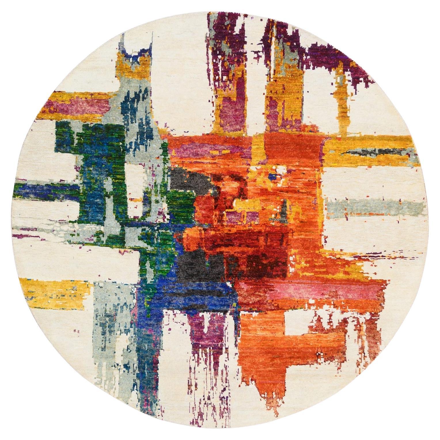 5'x5' Colorful Modern Abstract Motifs Wool and Silk Hand Knotted Round Rug