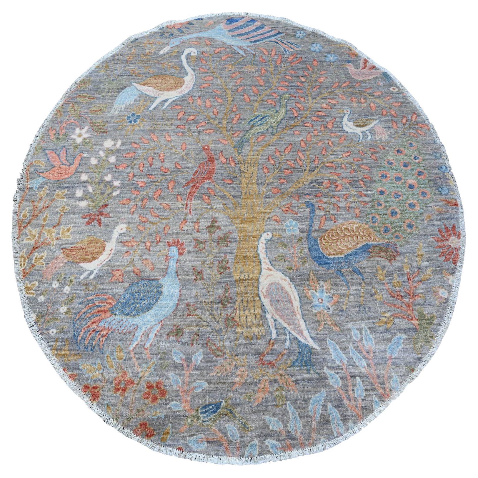 5
x5
 Daphne Gray Hand Knotted Peshawar Birds of Paradise Wool Round Rug For Sale