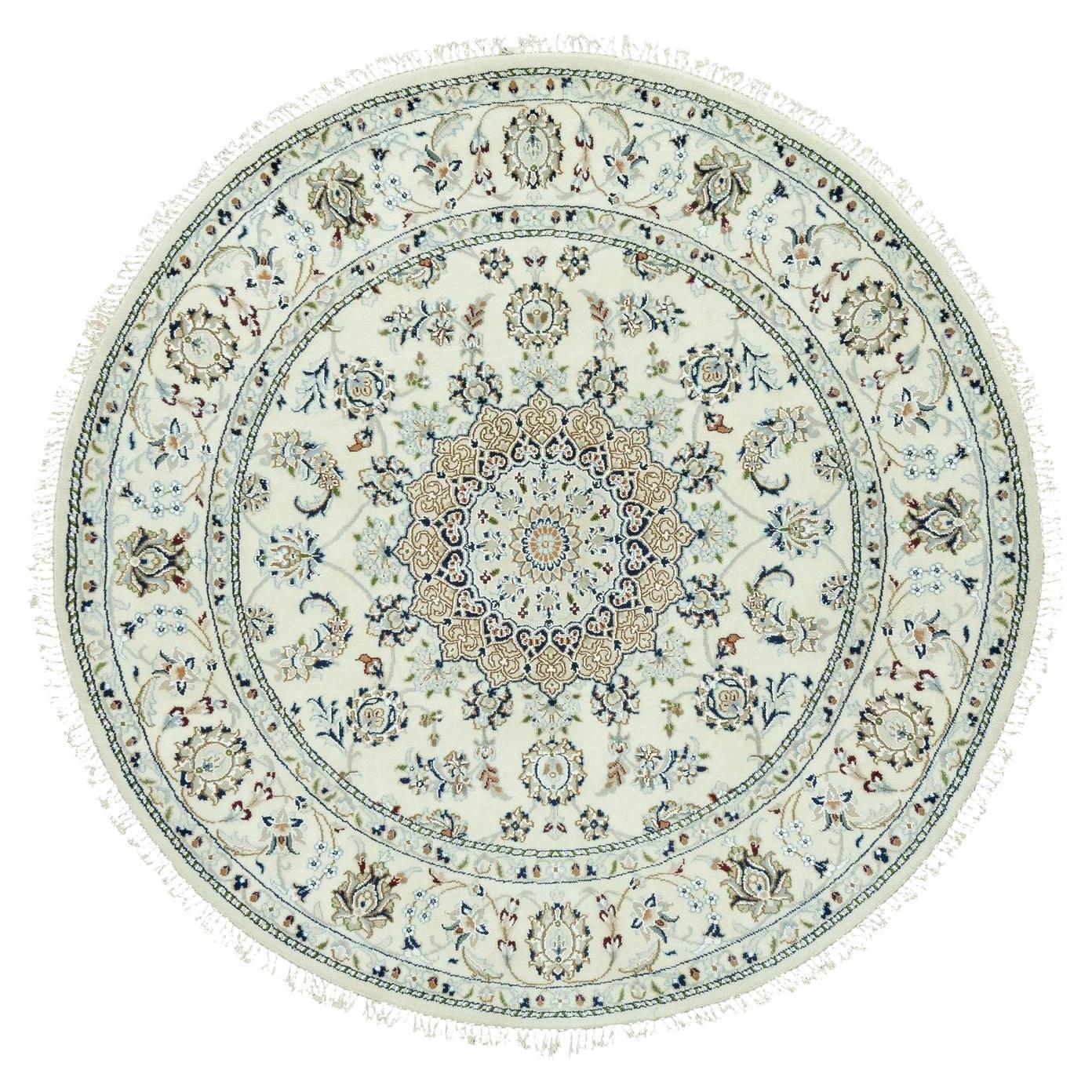 5
x5
 Droplets White Hand Knotted Nain Center Medallion Floral Round Rug For Sale