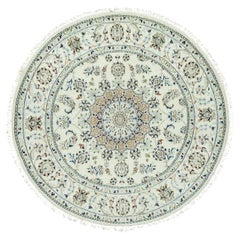 5'x5' Droplets White Hand Knotted Nain Center Medallion Floral Round Rug
