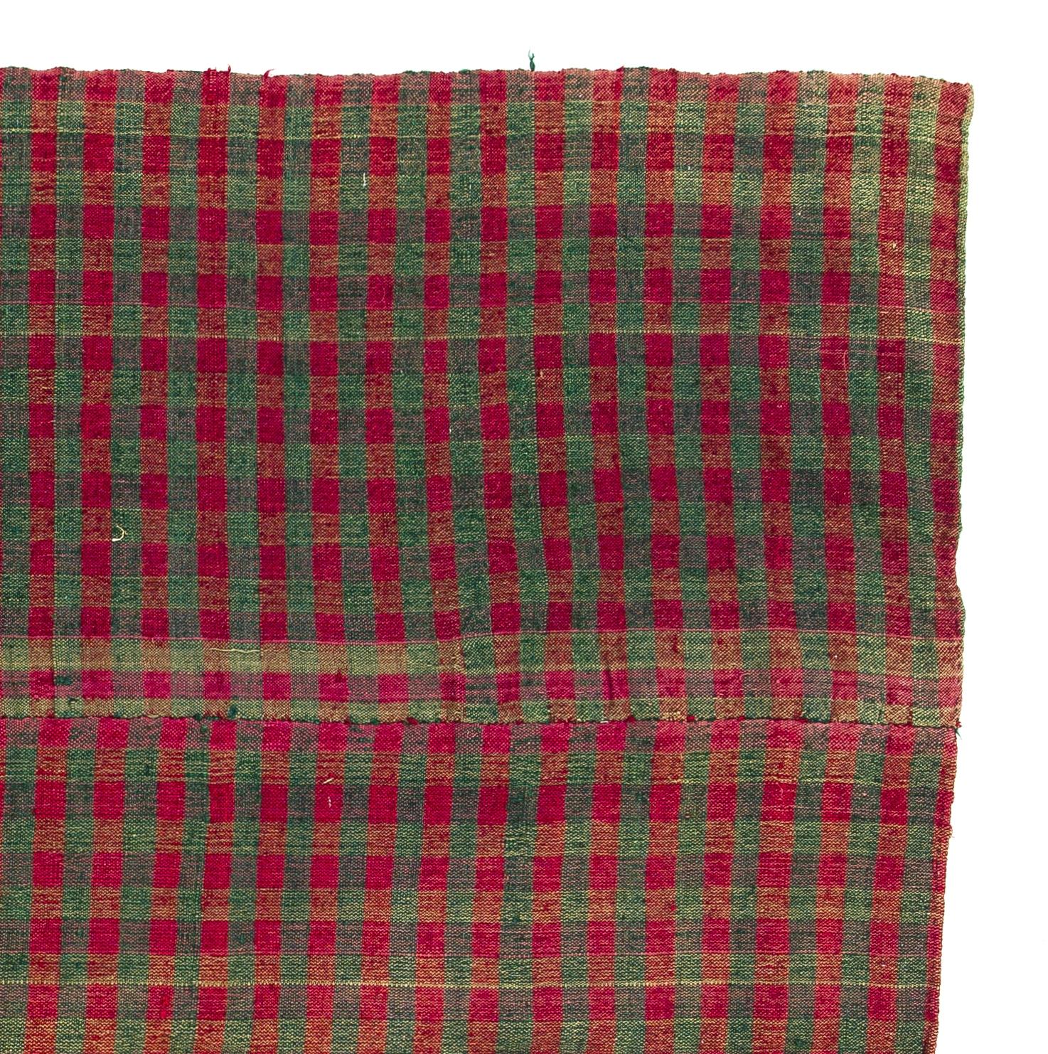 Turkish 4.4x5 Ft Chequered Wool Kilim Rug in Red & Green Colors. Soft Floppy Handle. 