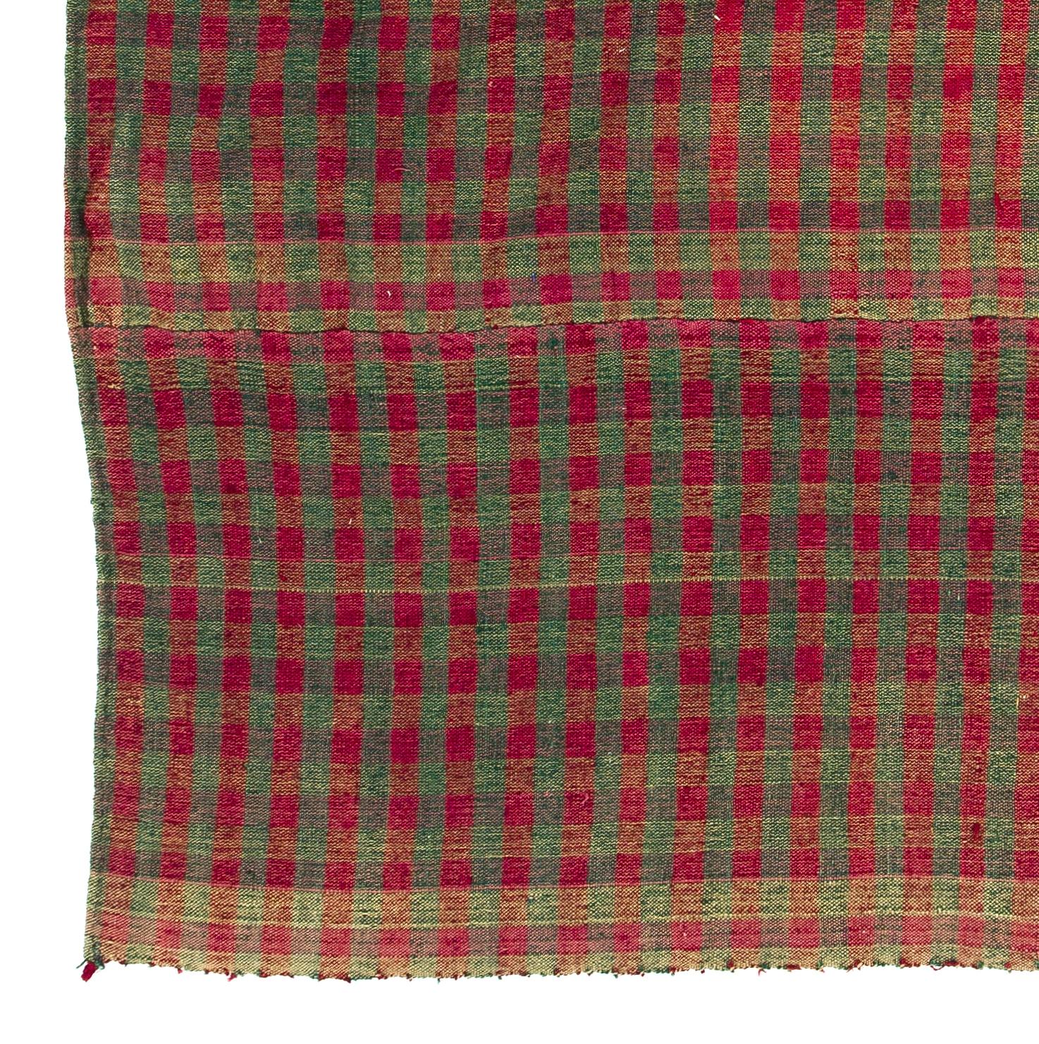 Hand-Woven 4.4x5 Ft Chequered Wool Kilim Rug in Red & Green Colors. Soft Floppy Handle. 