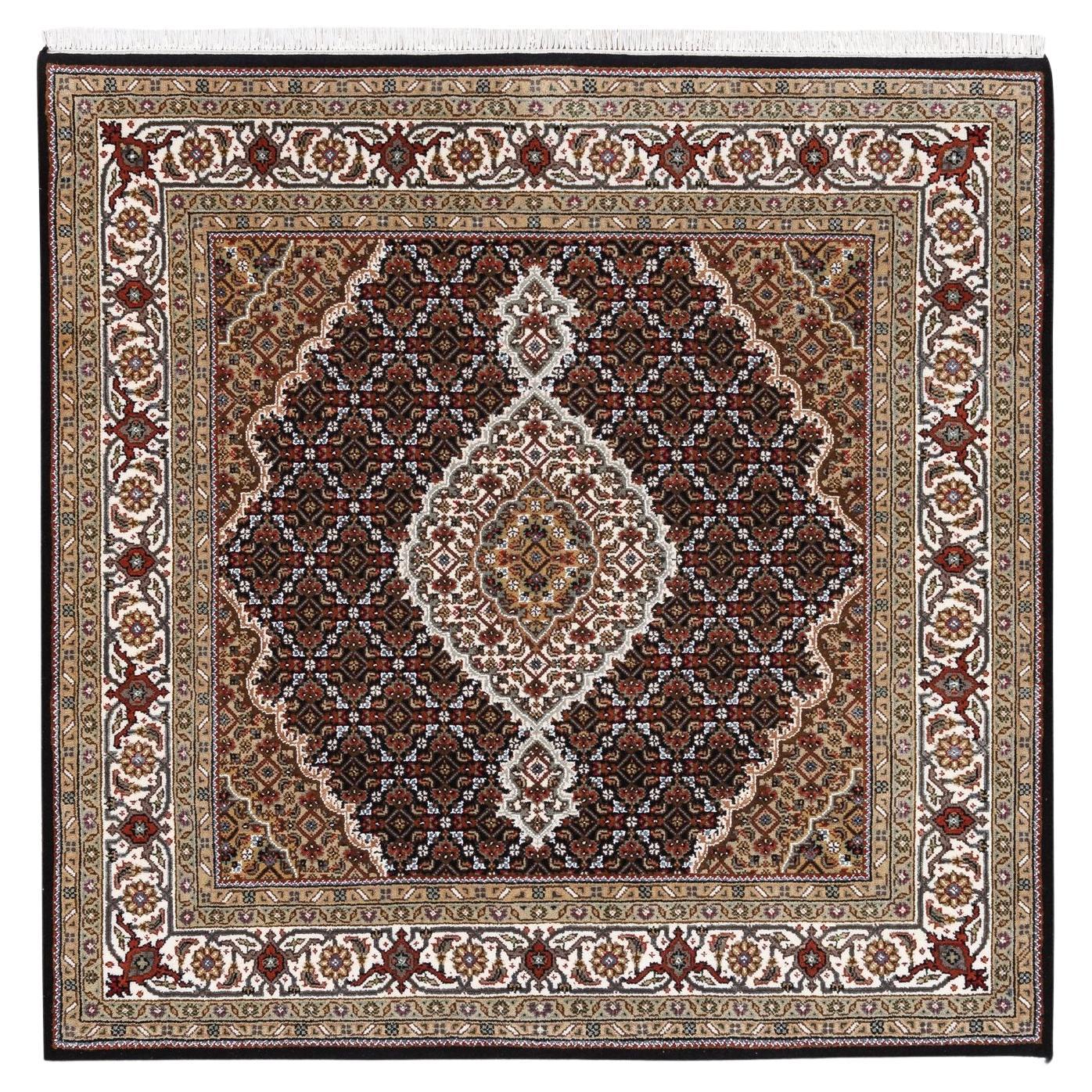 5'x5' Hand Knotted Black Wool Fish Medallion Design Tabriz Mahi Rug For Sale