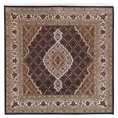 5'x5' Hand Knotted Black Wool Fish Medallion Design Tabriz Mahi Rug