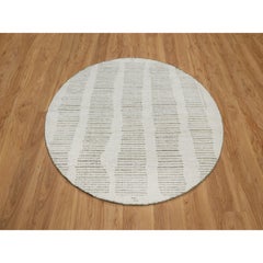 5'x5' Ivory Flat Weave with Textured Pile Hand Woven Pure Wool Round Rug