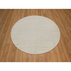 5'x5' Ivory Hand Knotted Modern Piled Flat Weave Textured Wool Round Rug