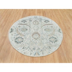 5'x5' Ivory, Hand Knotted, Sickle Leaf Design, Silk with Wool Round Rug