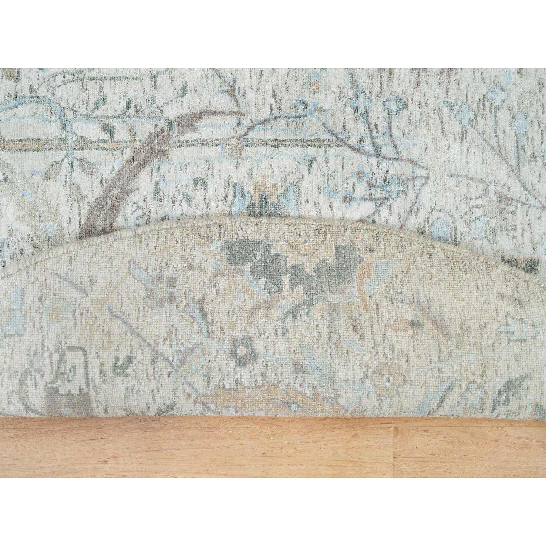 5'x5' Marfil, Anudada a Mano, Diseño Hoja de Hoz, Seda con Lana Alfombra Redonda Indio en venta
