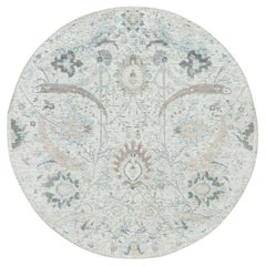 5'x5' Ivory, Hand Knotted, Sickle Leaf Design, Silk with Wool Round Rug