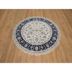 5'x5' Ivory Nain with Flower Design Hand Knotted Wool and Silk Round Rug